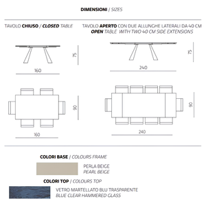 Tavolo da pranzo allungabile 160/240x75h con piano in vetro martellato e base in metallo - Caden