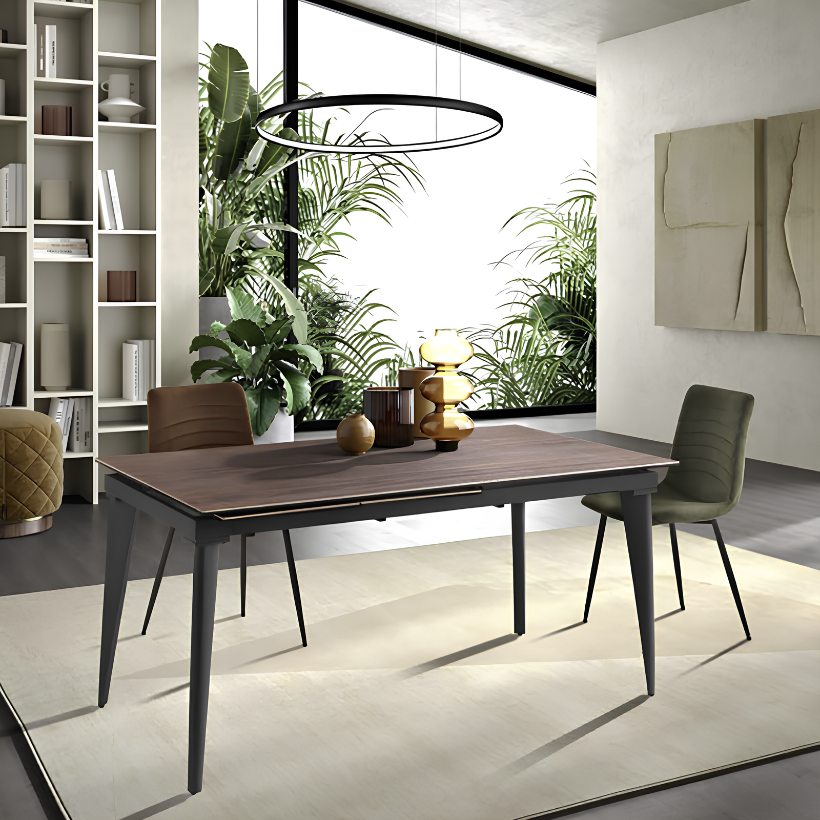 Tavolo da pranzo allungabile telescopico 120/180x75h piano in grès porcellanato effetto ceramica tek e base in metallo - Seraph