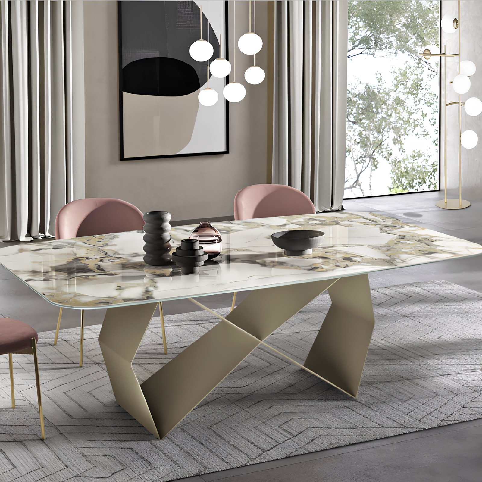 Tavolo da pranzo 210x75h con piano in ceramica effetto marmo e base in metallo beige - Zenith