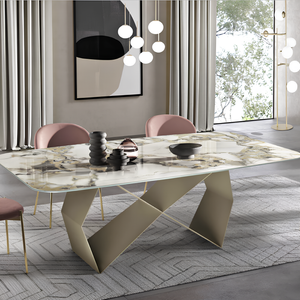 Tavolo da pranzo 210x75h con piano in ceramica effetto marmo e base in metallo beige - Zenith