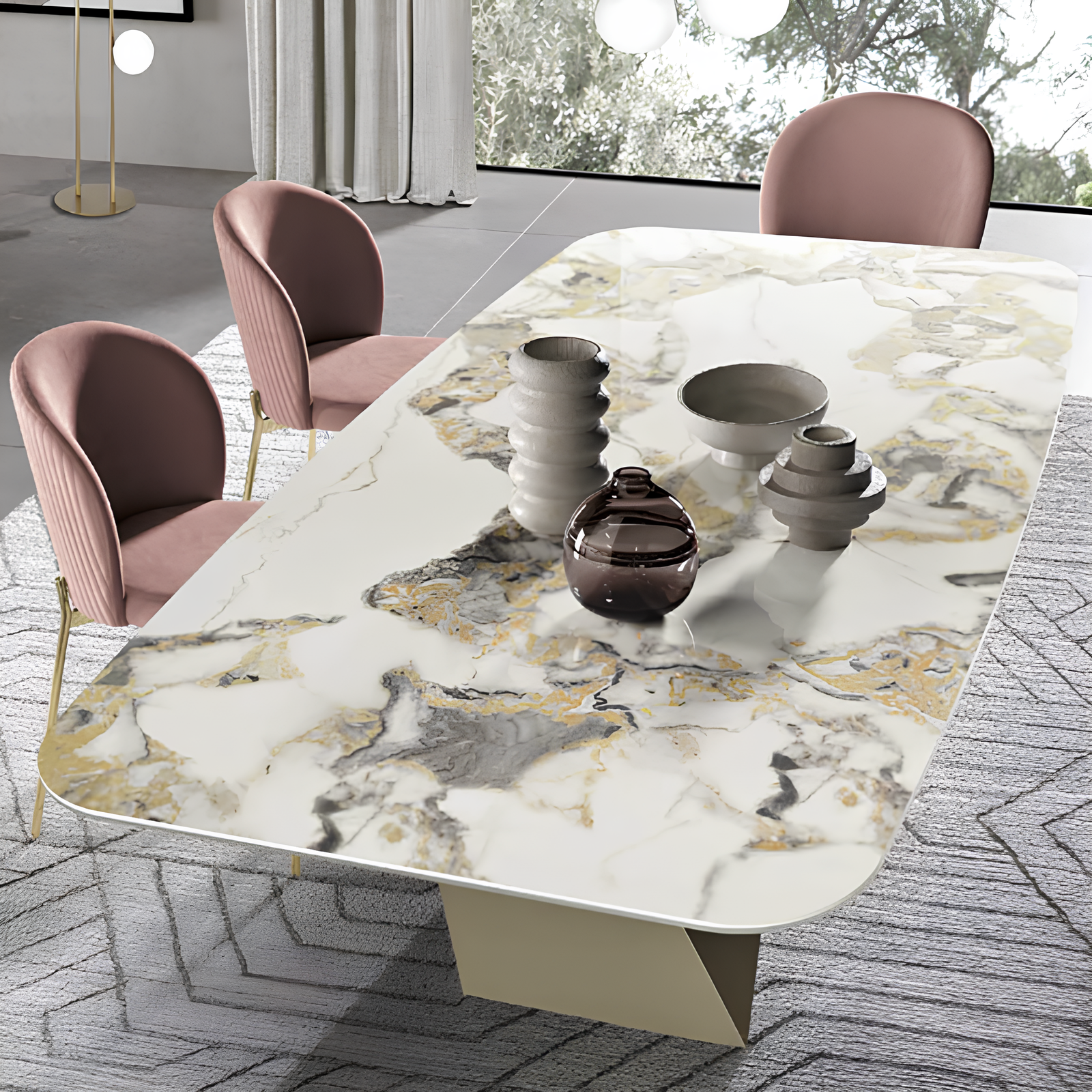 Tavolo da pranzo 210x75h con piano in ceramica effetto marmo e base in metallo beige - Zenith