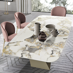 Tavolo da pranzo 210x75h con piano in ceramica effetto marmo e base in metallo beige - Zenith