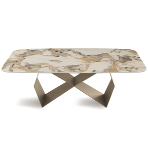 Tavolo da pranzo 210x75h con piano in ceramica effetto marmo e base in metallo beige - Zenith