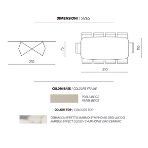 Tavolo da pranzo 210x75h con piano in ceramica effetto marmo e base in metallo beige - Zenith