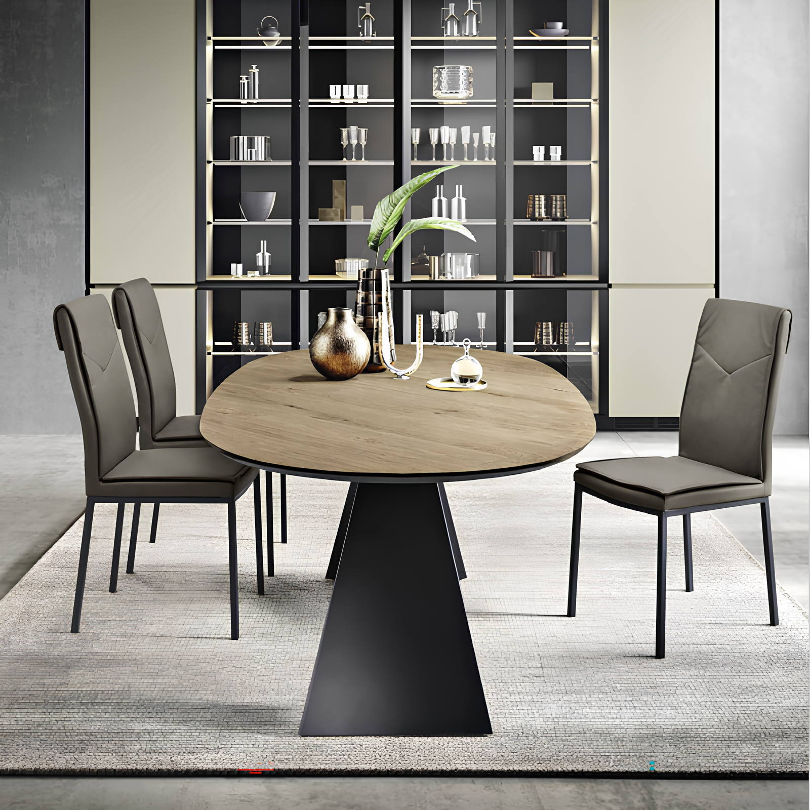 Tavolo da pranzo moderno 210x75h piano in rovere impiallacciato ovale e base in metallo nero - Aris