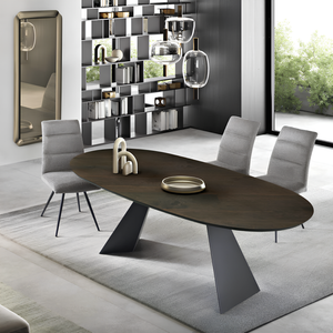 Tavolo da pranzo moderno 210x75h piano in rovere impiallacciato ovale e base in metallo - Aris