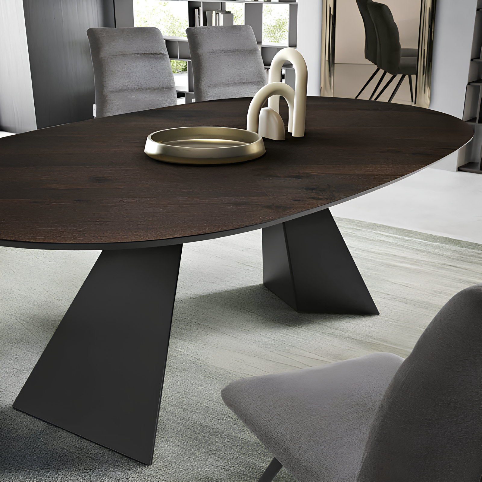 Tavolo da pranzo moderno 210x75h piano in rovere impiallacciato ovale e base in metallo - Aris