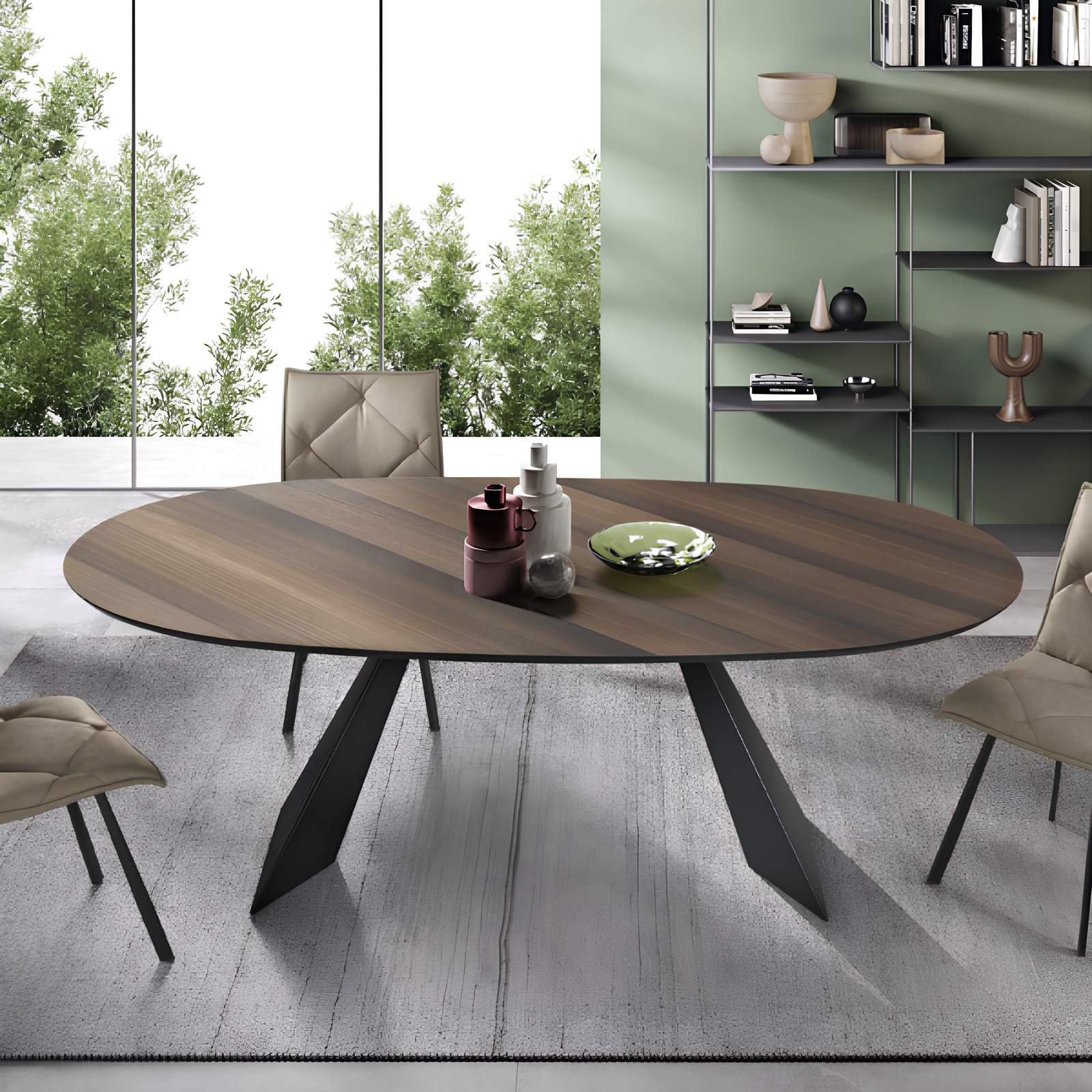 Tavolo da pranzo moderno 210x75h piano in rovere impiallacciato ovale e base in metallo nero - Aris