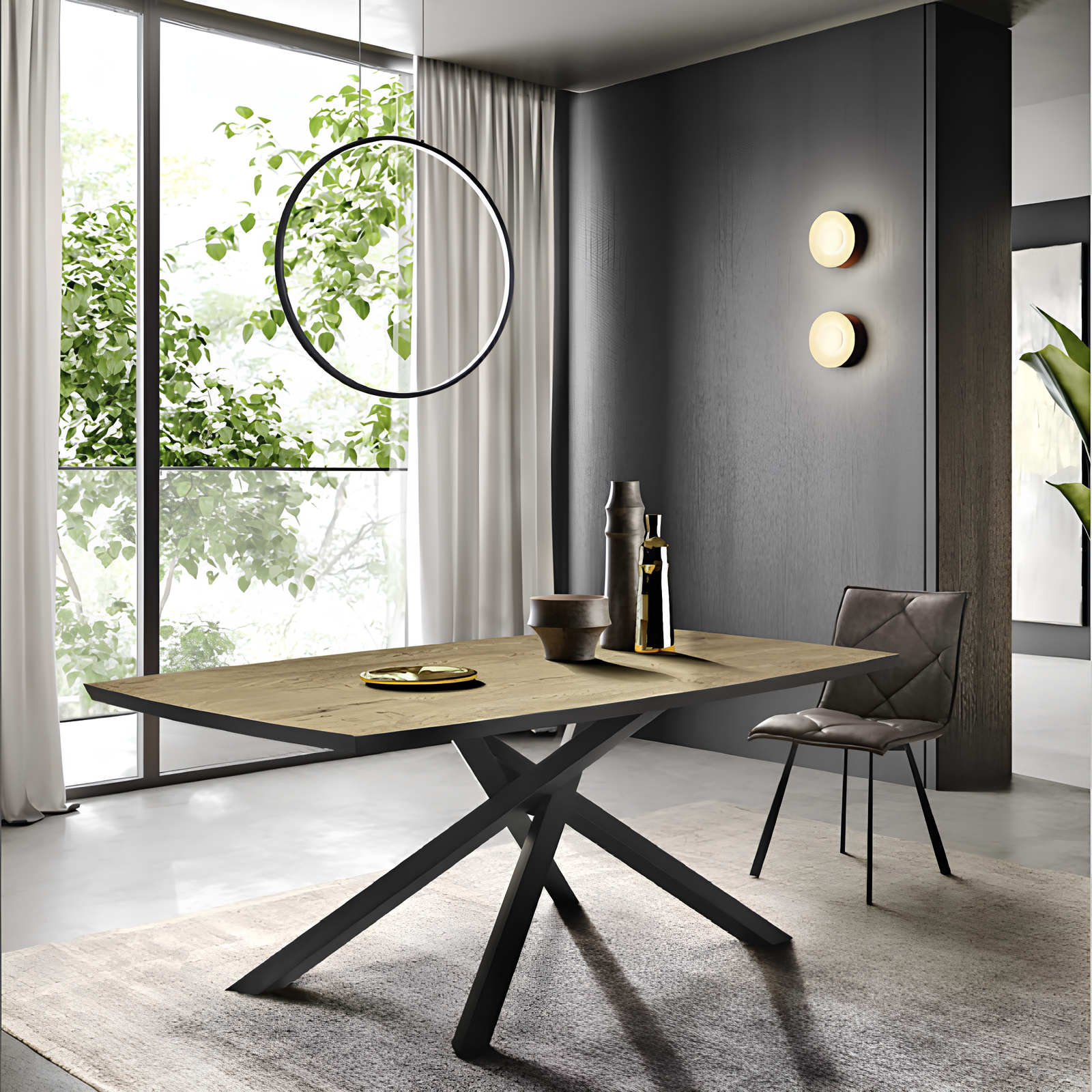 Tavolo da pranzo 160x75h con base in metallo nero e piano in rovere impiallacciato - Floy
