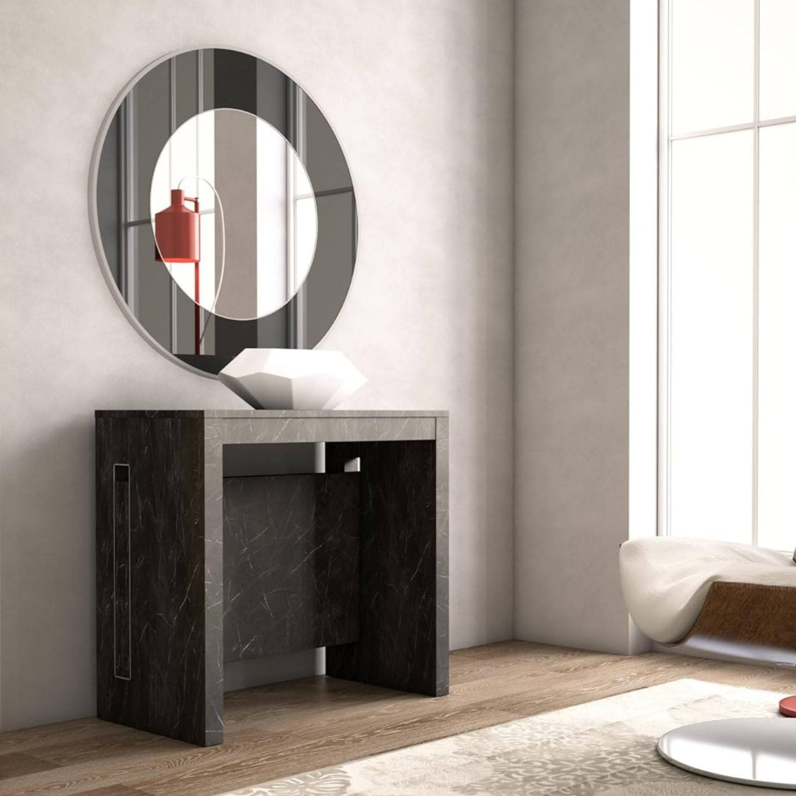 Tavolo consolle 44/186 cm in legno effetto marmo nero guide in alluminio - Extè