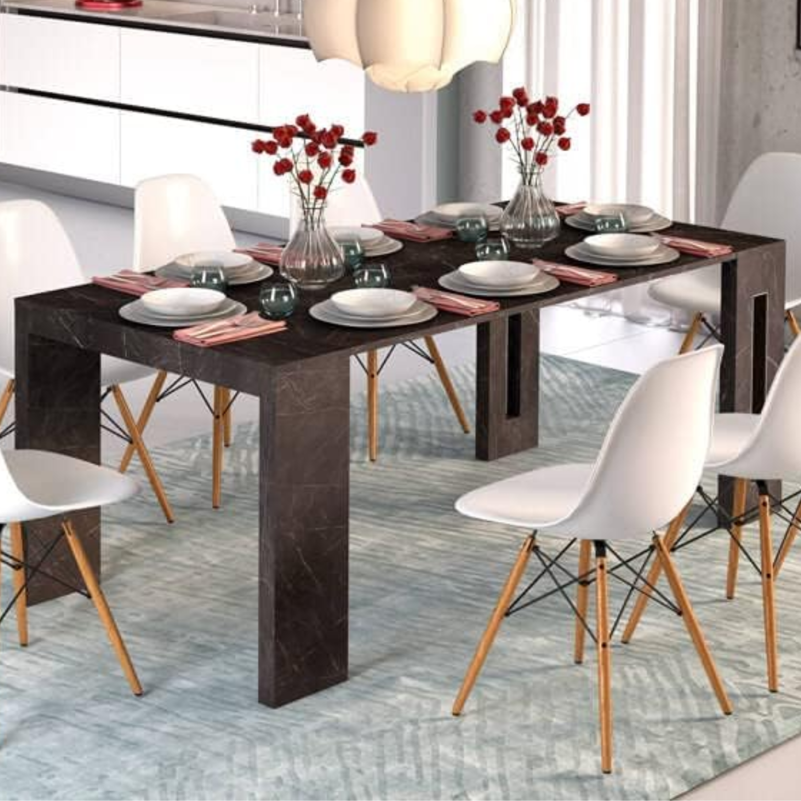 Tavolo 90x44/186 cm consolle allungabile in legno effetto marmo nero design moderno - Extè Plus