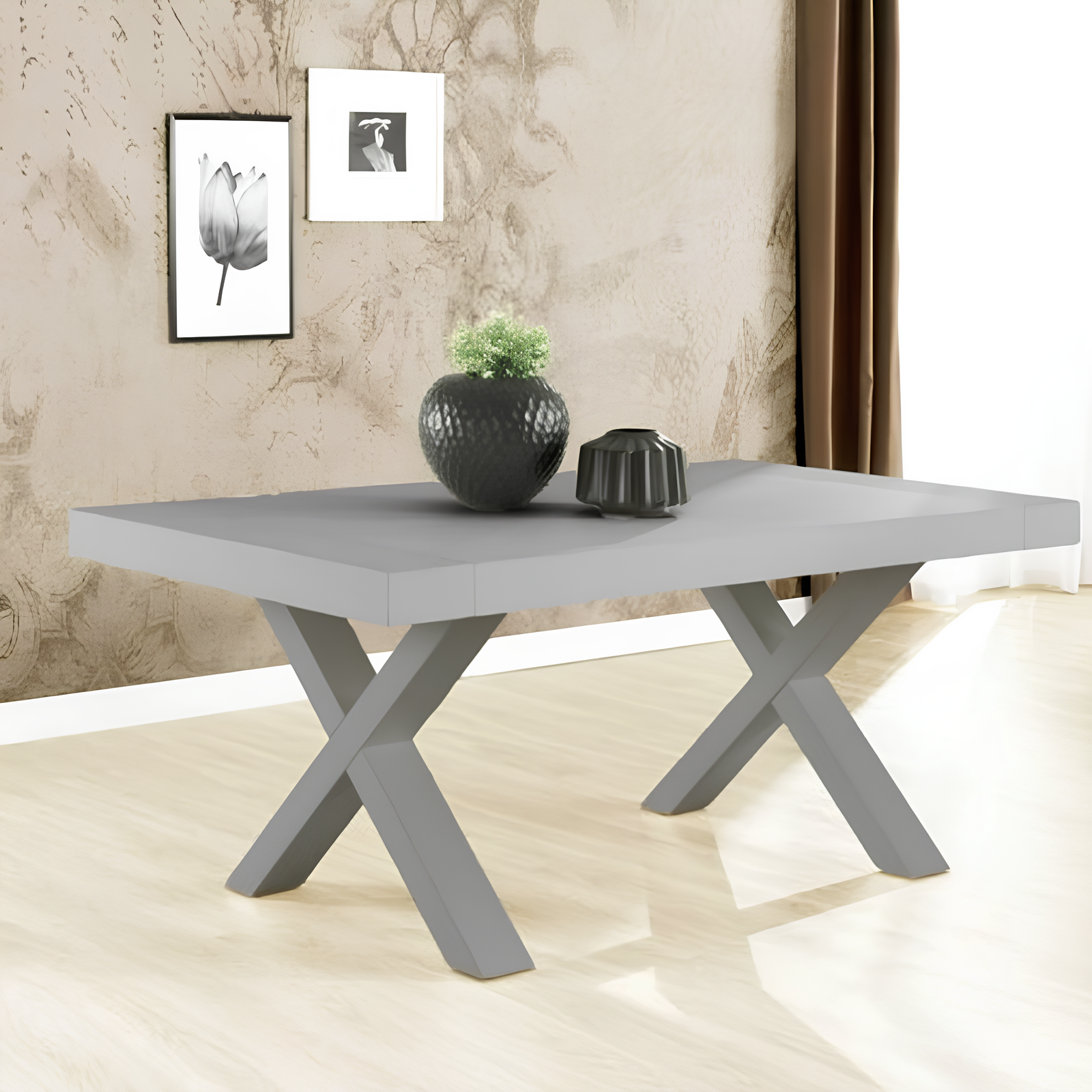 Tavolo allungabile 160/260 cm con piano in folding e gambe a croce in massello rivestito color Beton - Milano