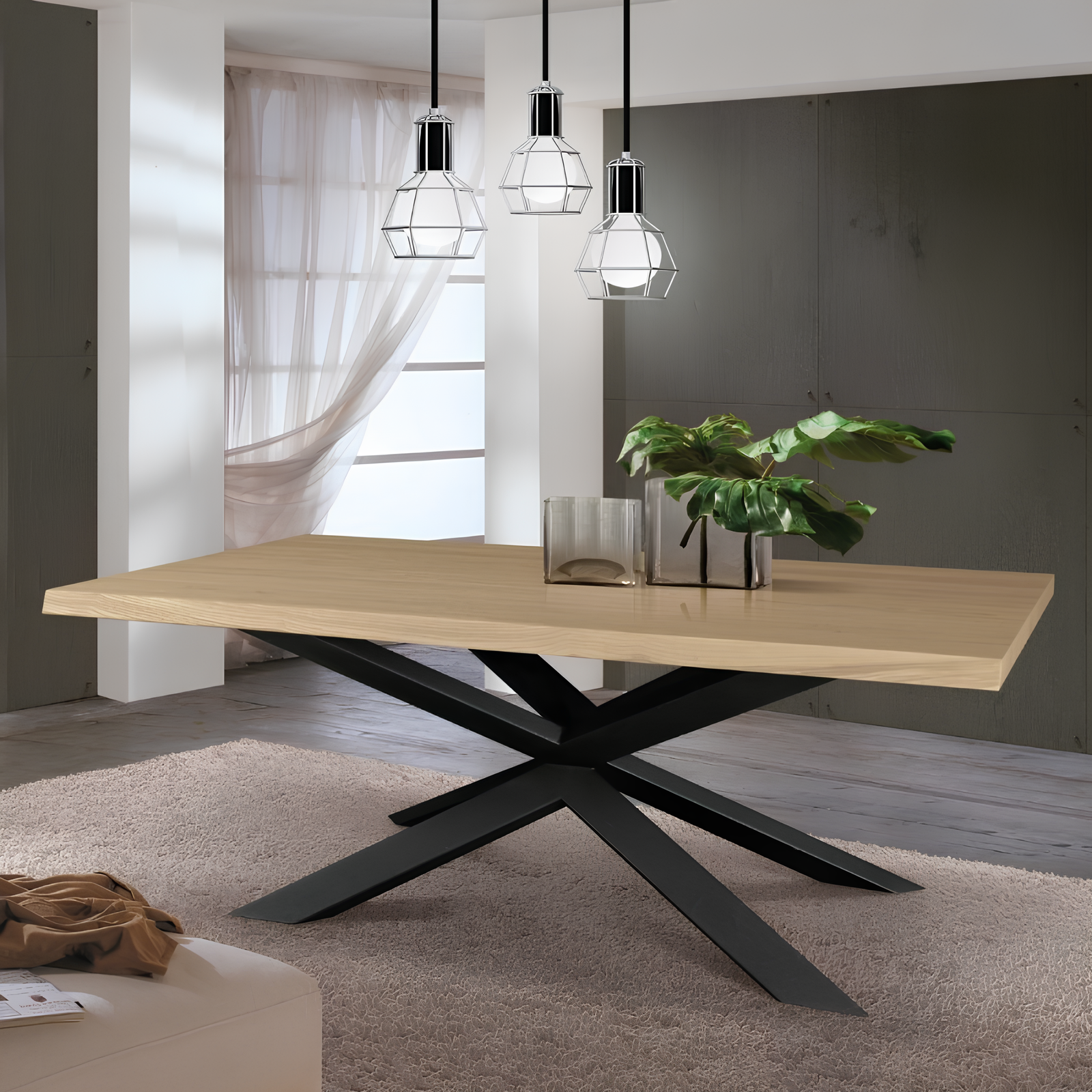 Tavolo da pranzo con piano in legno color rovere scortecciato e gambe in metallo nero - Positano