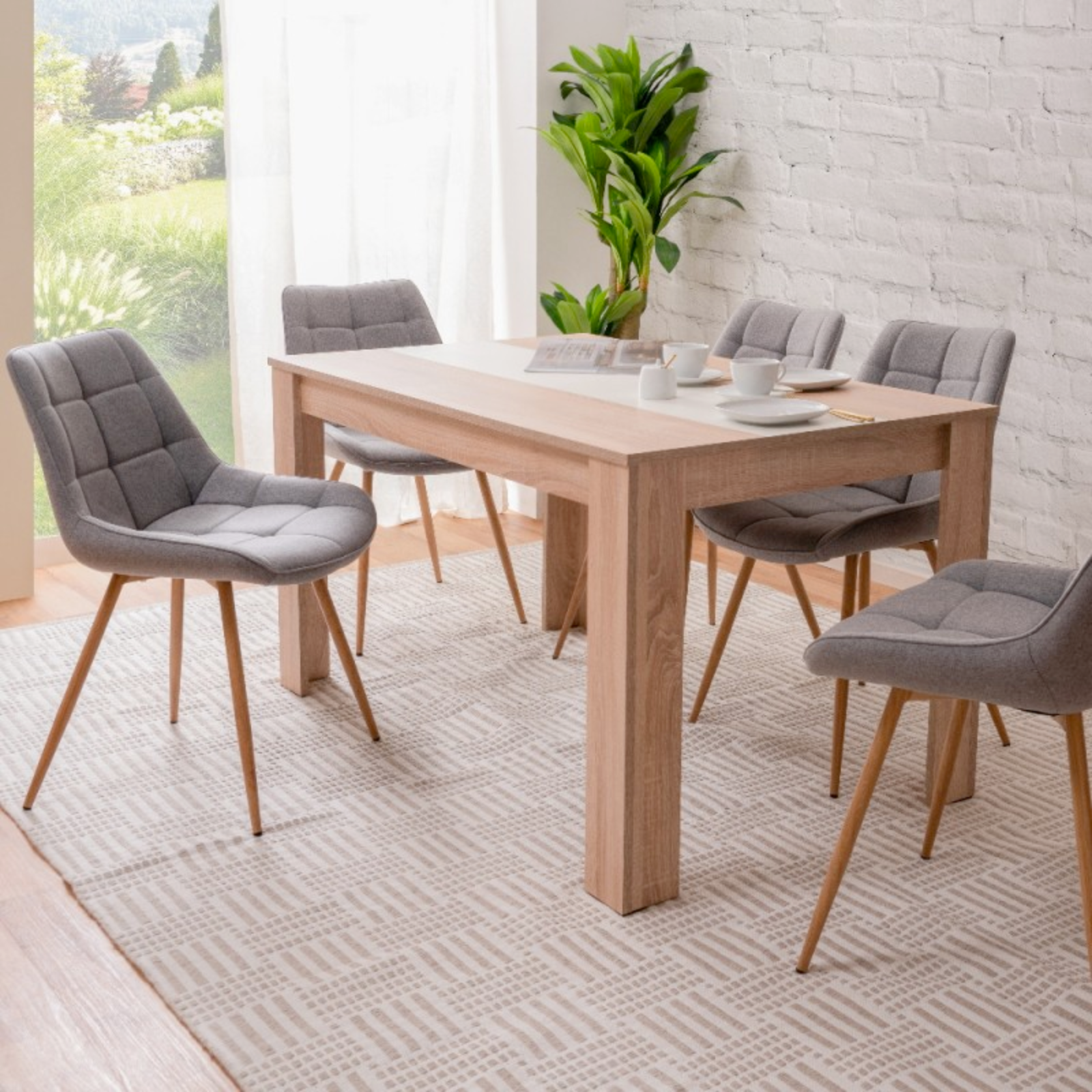 Tavolo da pranzo rettangolare "Nikla" rovere con pannello centrale reversibile color Nero o Bianco