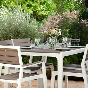 Tavolo rettangolare in resina con piano doghe effetto legno bianco e tortora - Harmon