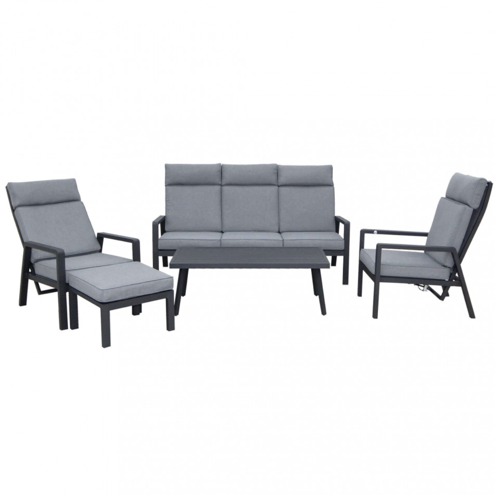 Salottino da esterno reclinabile 5 posti con puff in alluminio antracite con cuscini - Barletta