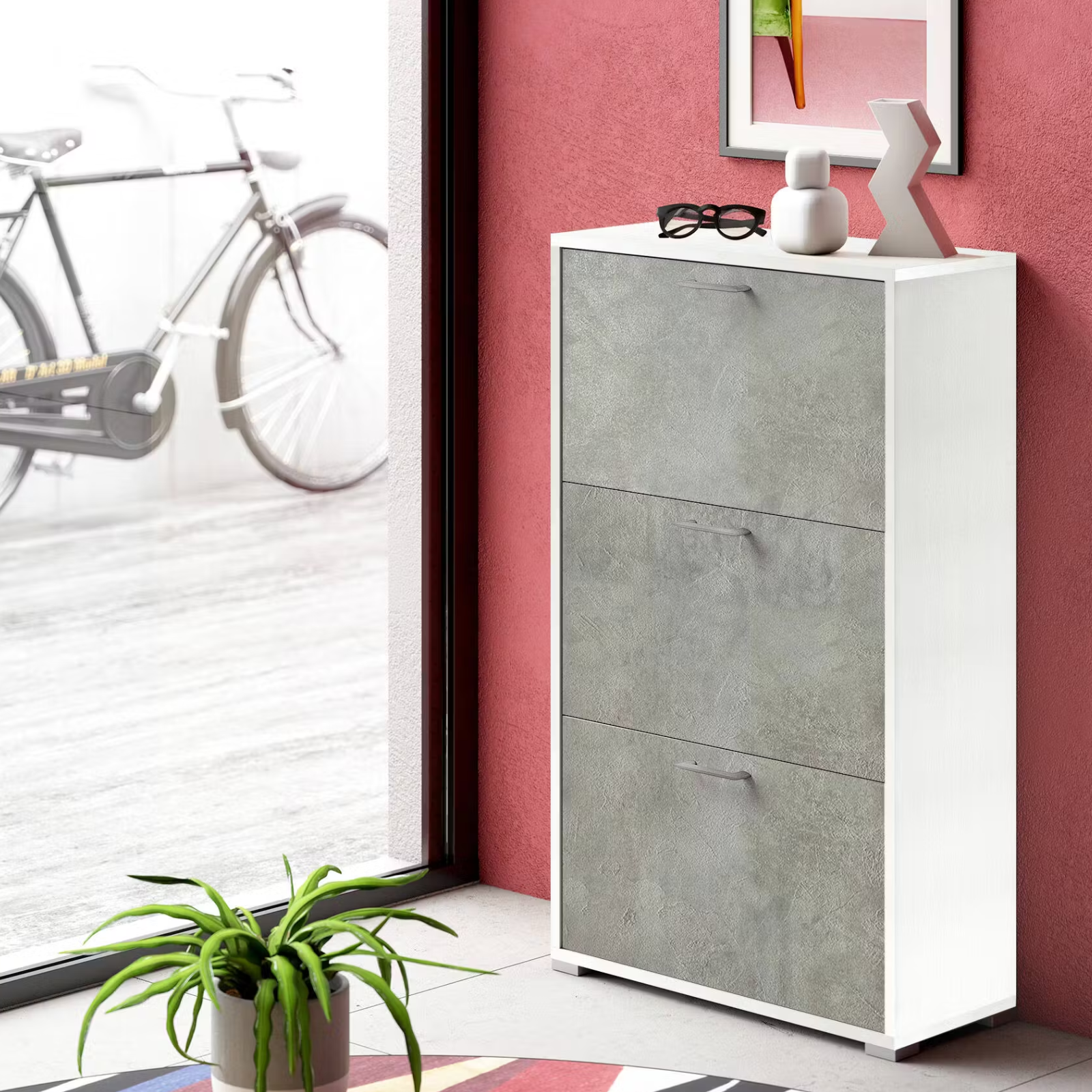 Scarpiera in legno bianco e cemento 3 ante a ribalta design moderno - Solam