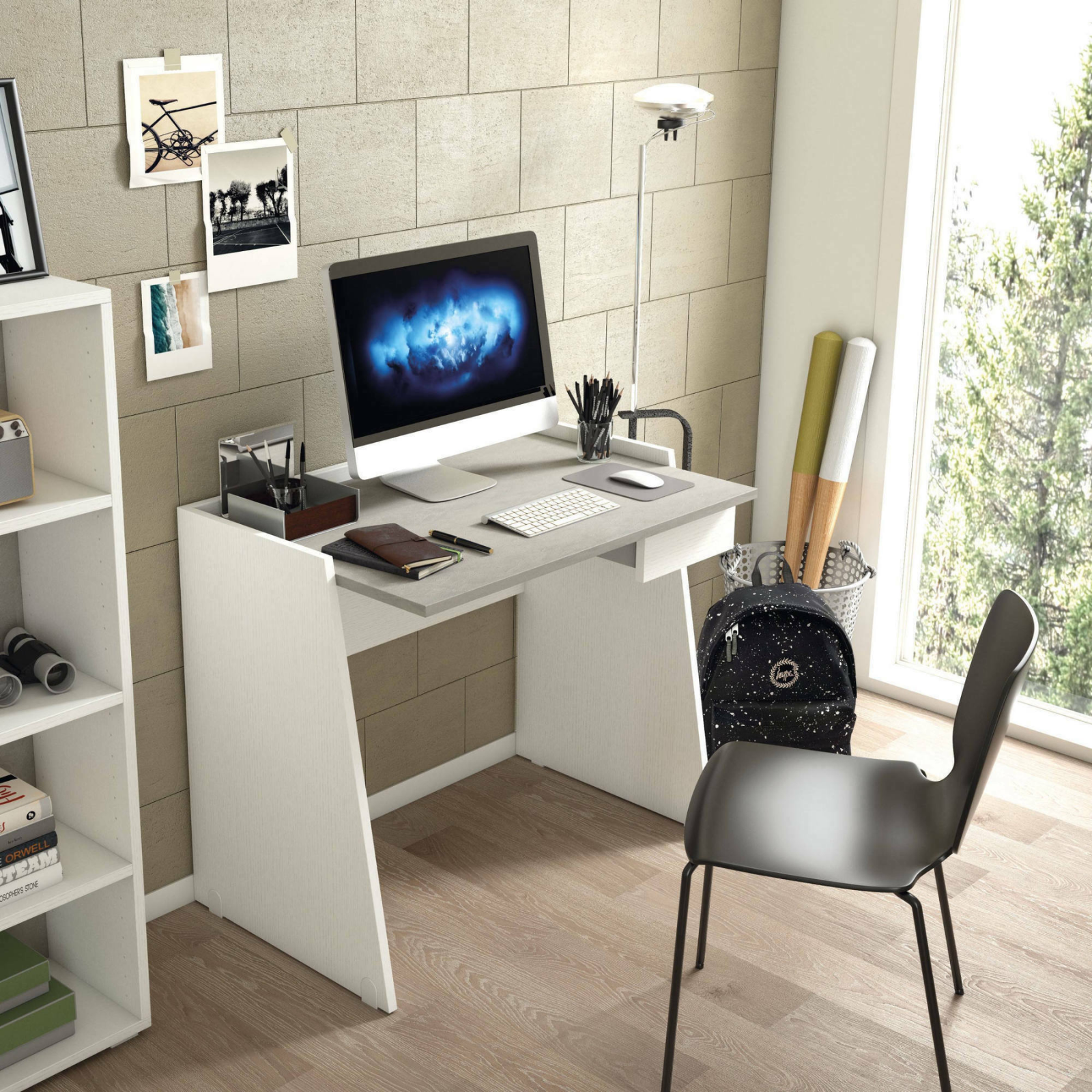 Scrivania in legno 90x60 scrittoio design moderno con cassetto cemento e bianco - Desm