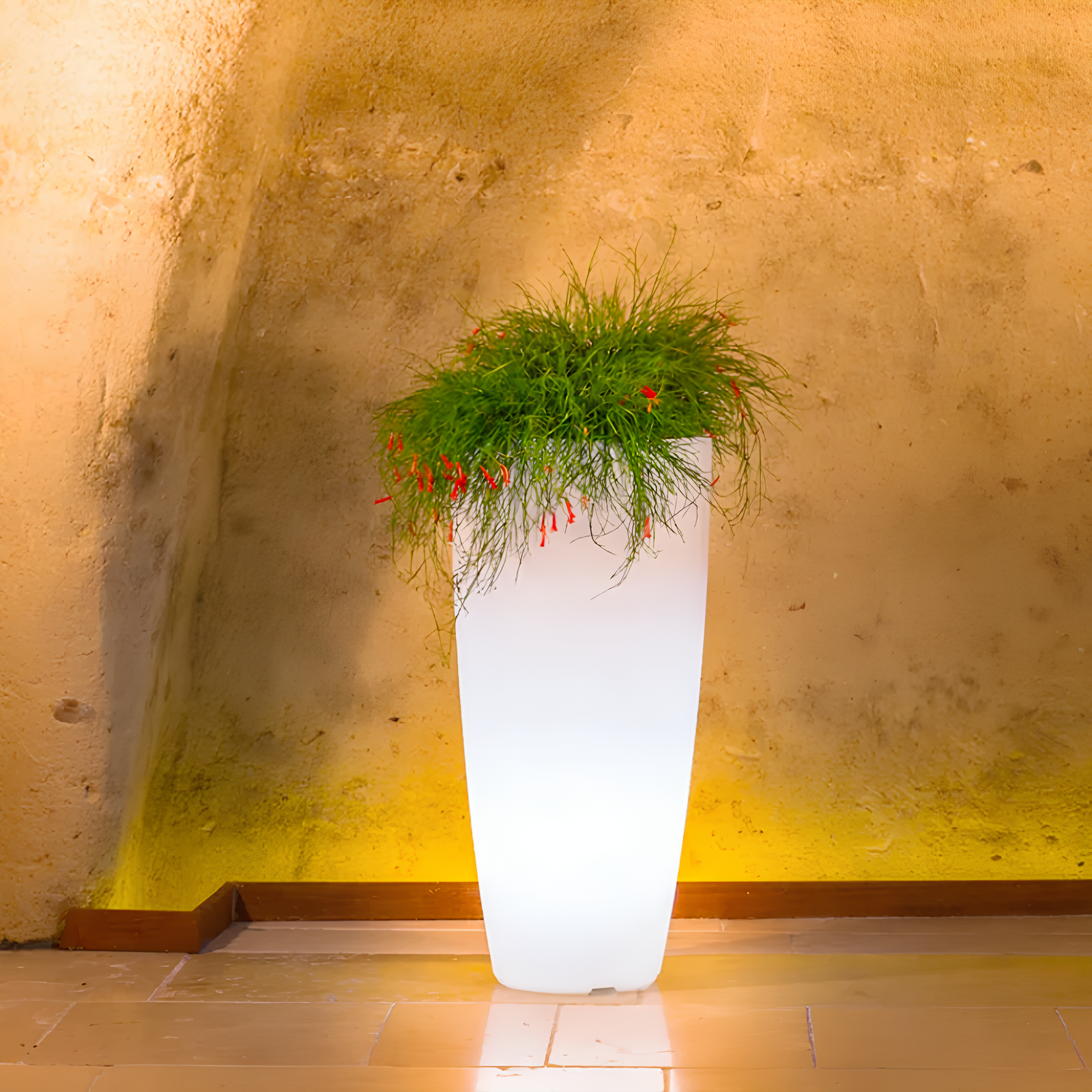 Vaso alto luminoso rotondo da interno o esterno in resina luce verde 33x70 - Home