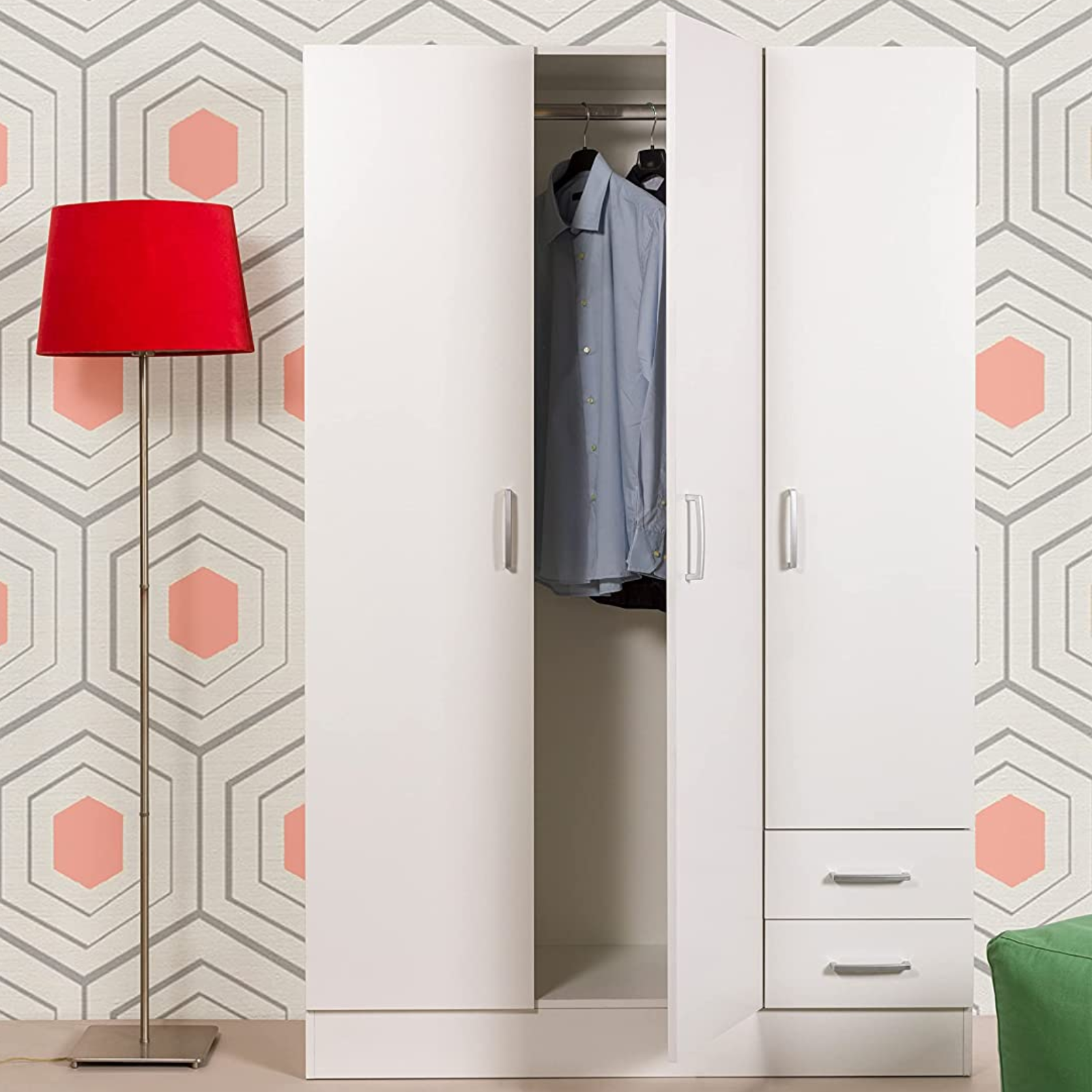 Armadio con 3 ante e 2 cassetti "Clarissa" in legno bianco da cameretta o camera da letto