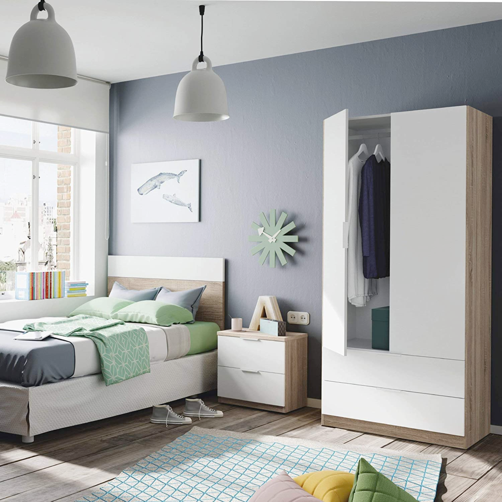 Armadio in legno con 2 ante e 2 cassetti rovere e bianco per camera da letto o cameretta