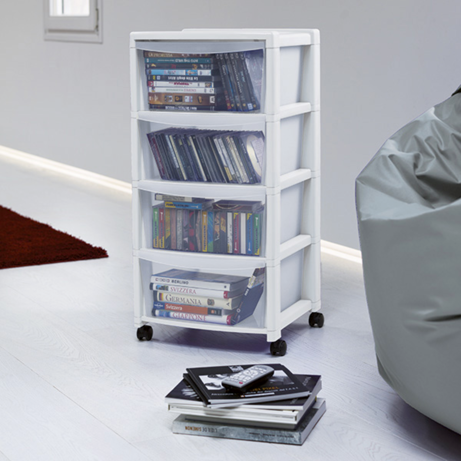 Cassettiera salvaspazio "Potti" con 4 cassetti in plastica bianca con ruote