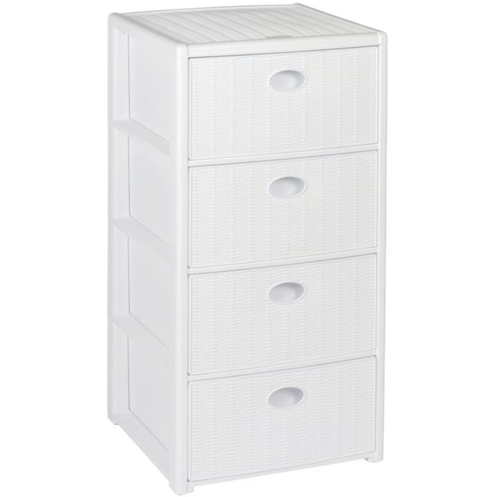 Cassettiera in plastica "Raty" bianca 4 cassetti salvaspazio con finitura rattan