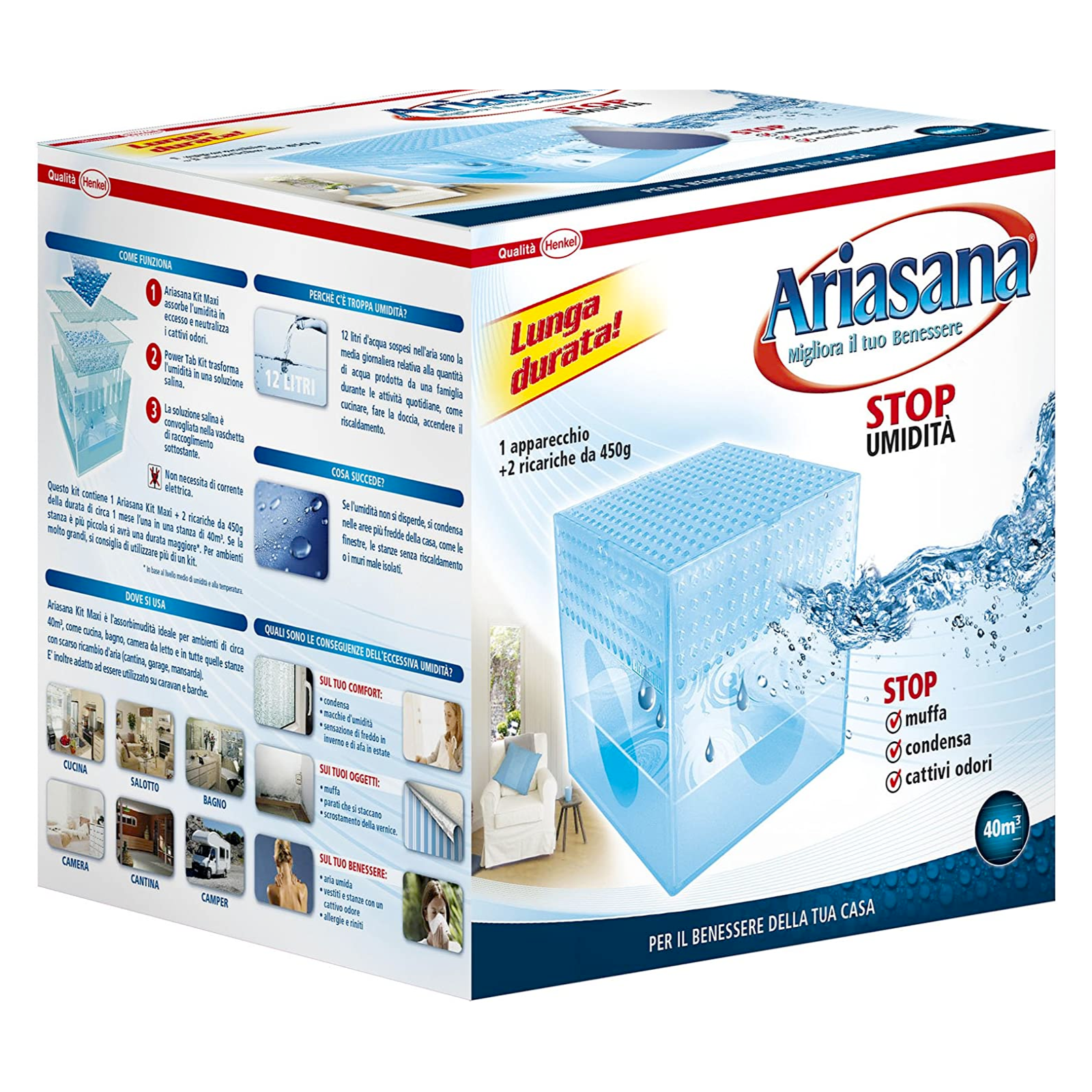 Deumidificatore Ariasana a cristalli attivi in vaschetta con 2 ricariche da 450Gr