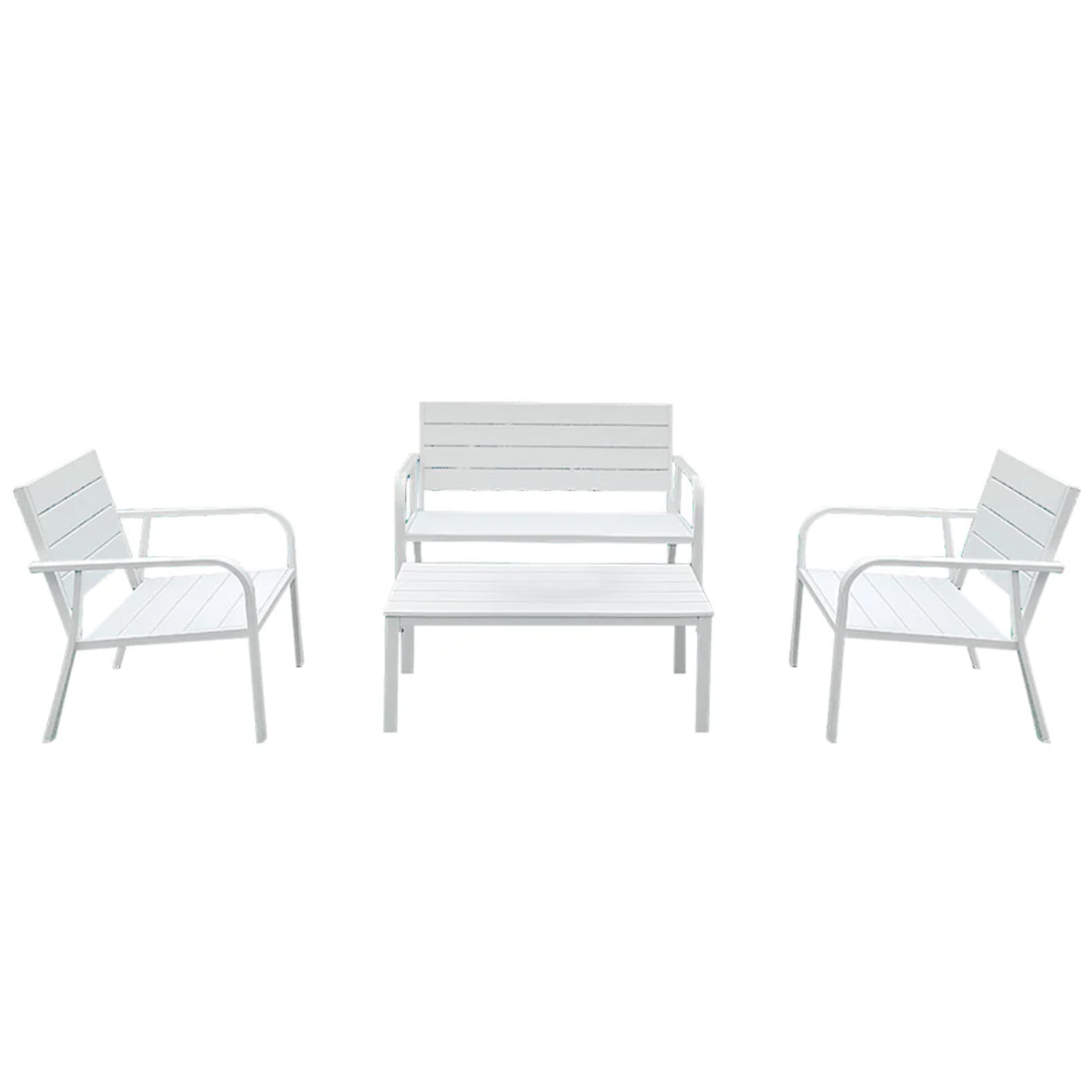 Salottino da giardino "Alba" divano e 2 poltrone bianco con struttura in metallo verniciato e doghe in resina effetto legno