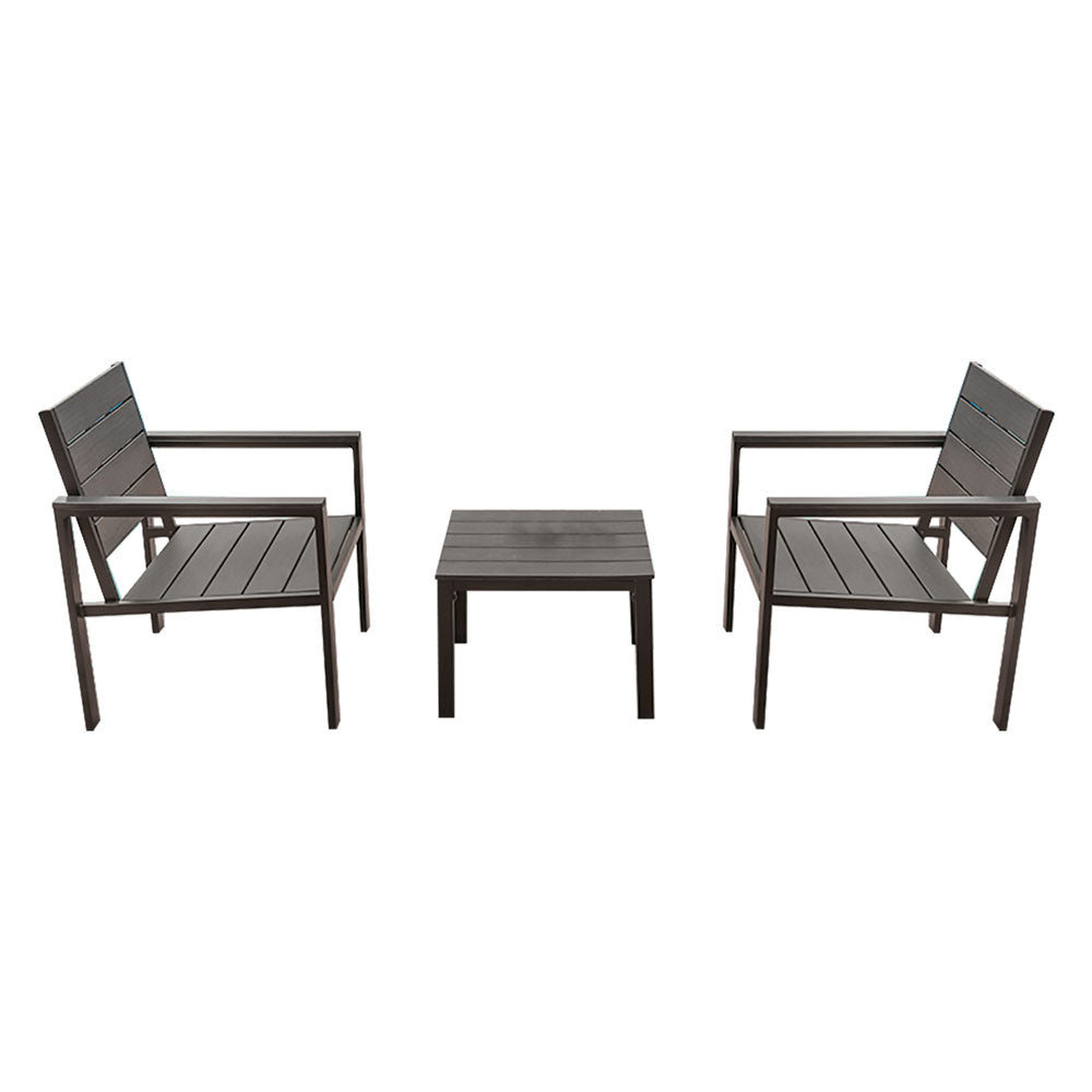 Salottino da esterno set relax "Milano" 2 poltrone e tavolino nero struttura in metallo verniciato e doghe in resina effetto legno