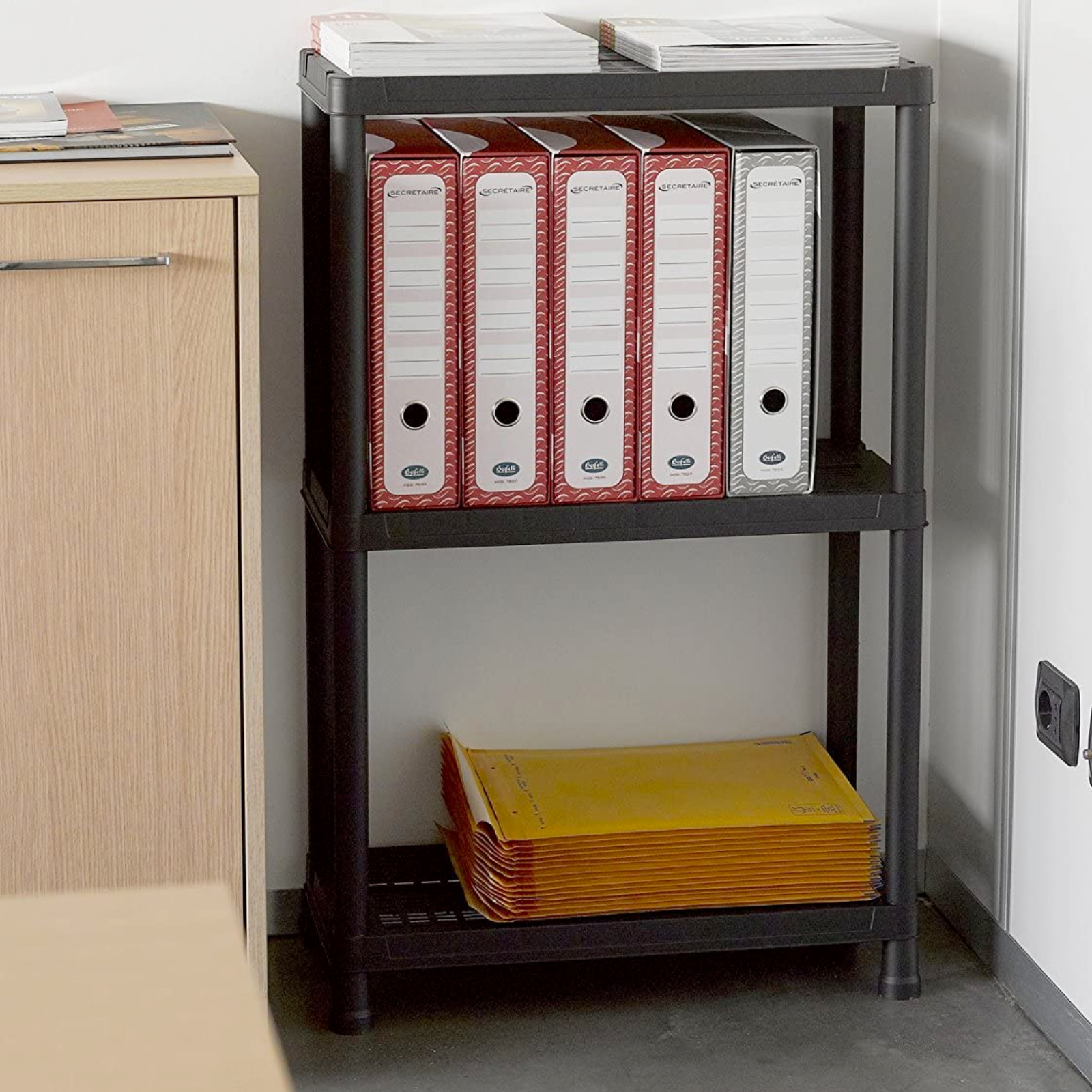 Scaffale in resina "Pick" nero con 3 ripiani multiuso porta oggetti per ripostiglio,garage o ufficio