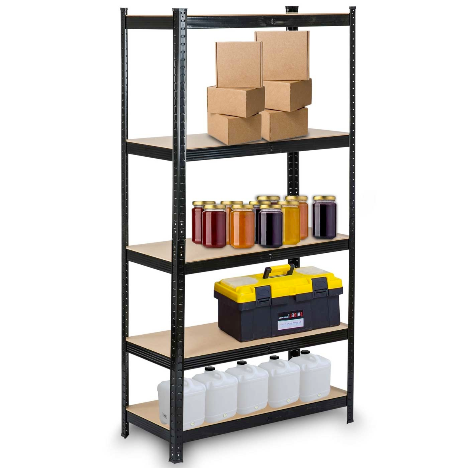 Scaffale in acciaio verniciato nero "Black plo" portaoggetti multiuso con 5 ripiani in mdf