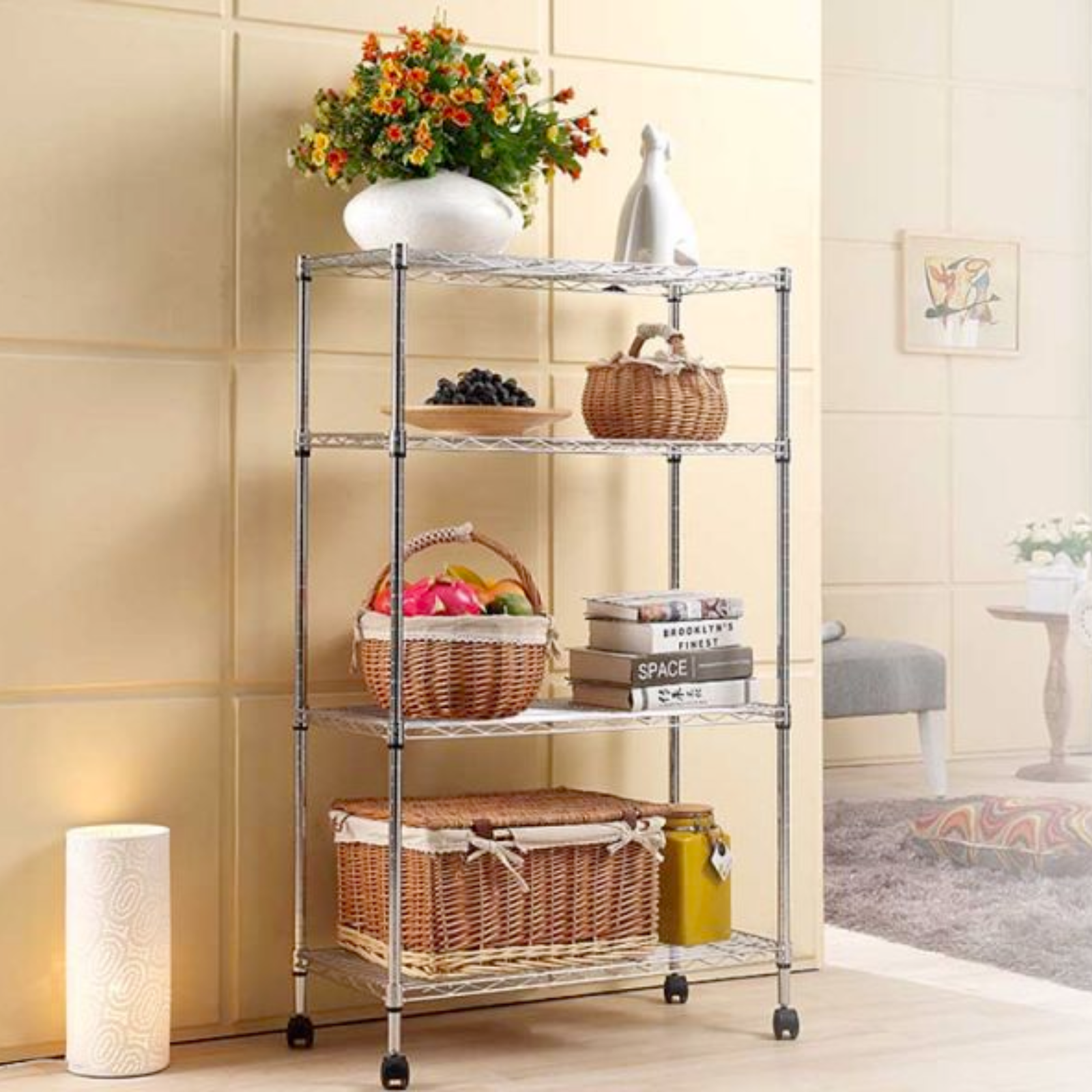 Scaffale in acciaio cromato portaoggetti grigio salvaspazio con 4 ripiani e ruote - Miami