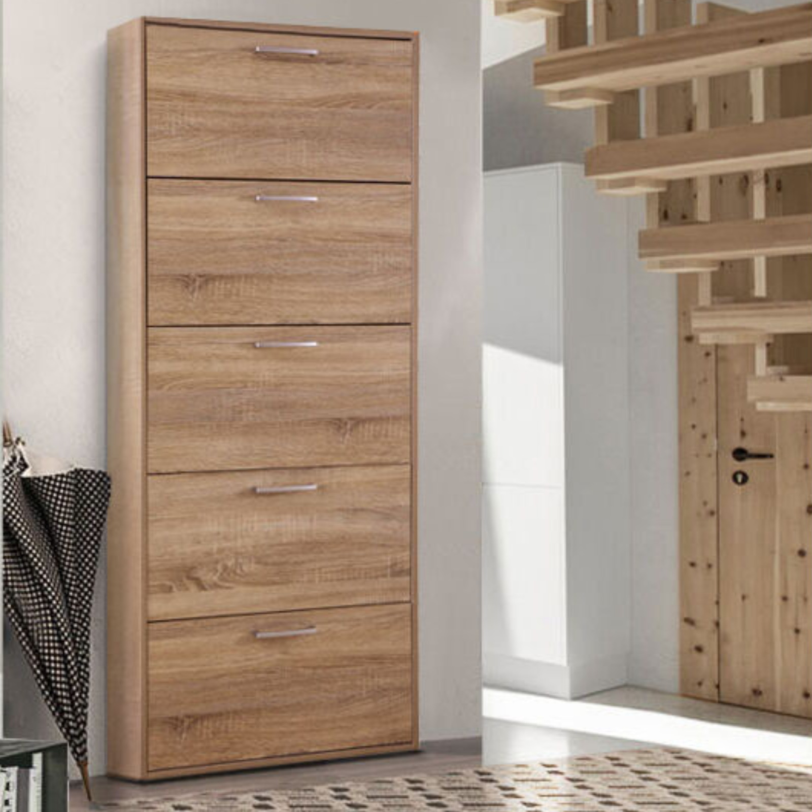 Scarpiera in legno alta con 5 ante a ribalta salvaspazio rovere