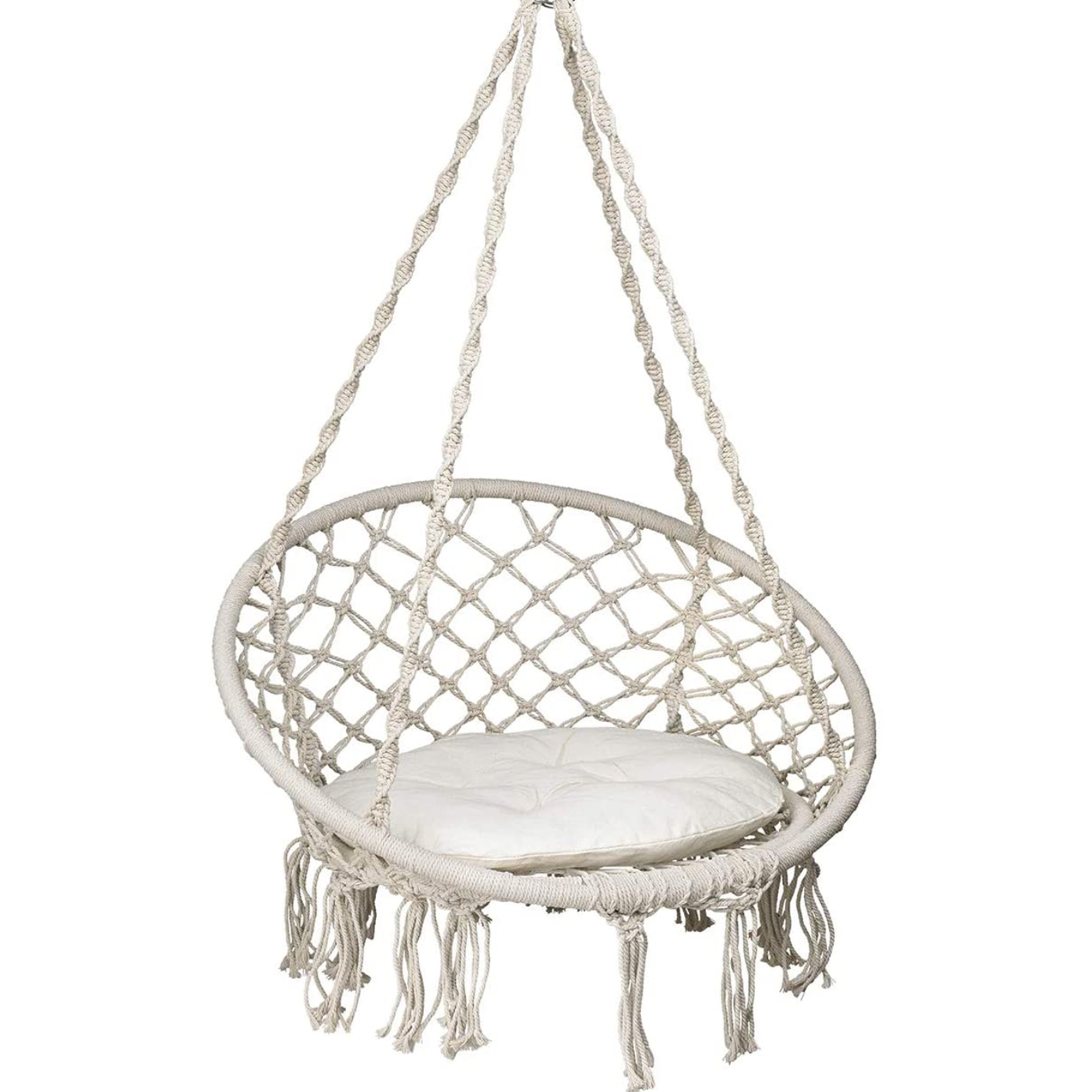 Sedia a dondolo sospesa "Polignano" in corda di cotone e anelli di supporto in acciaio
