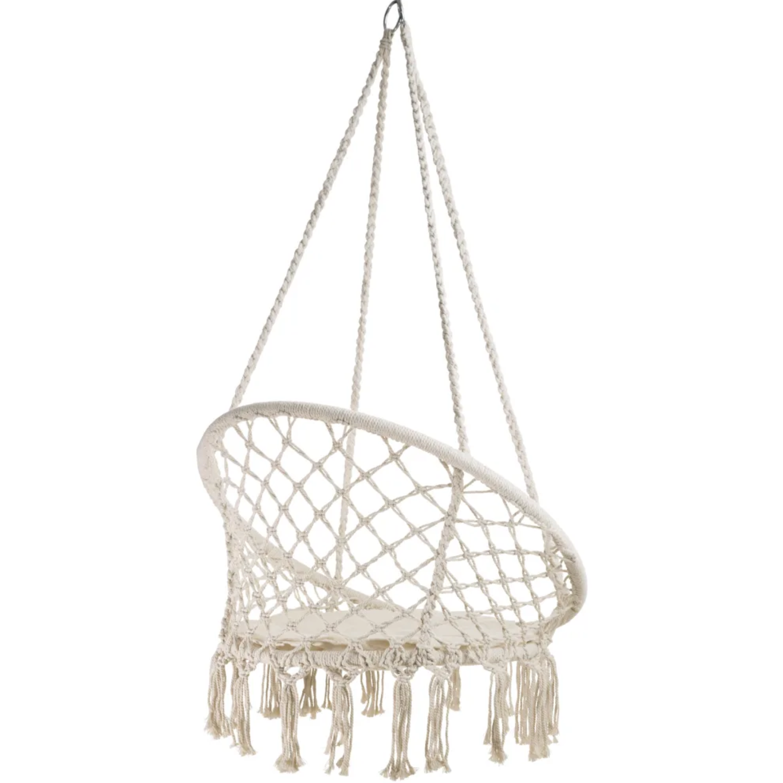 Sedia a dondolo sospesa "Polignano" in corda di cotone e anelli di supporto in acciaio