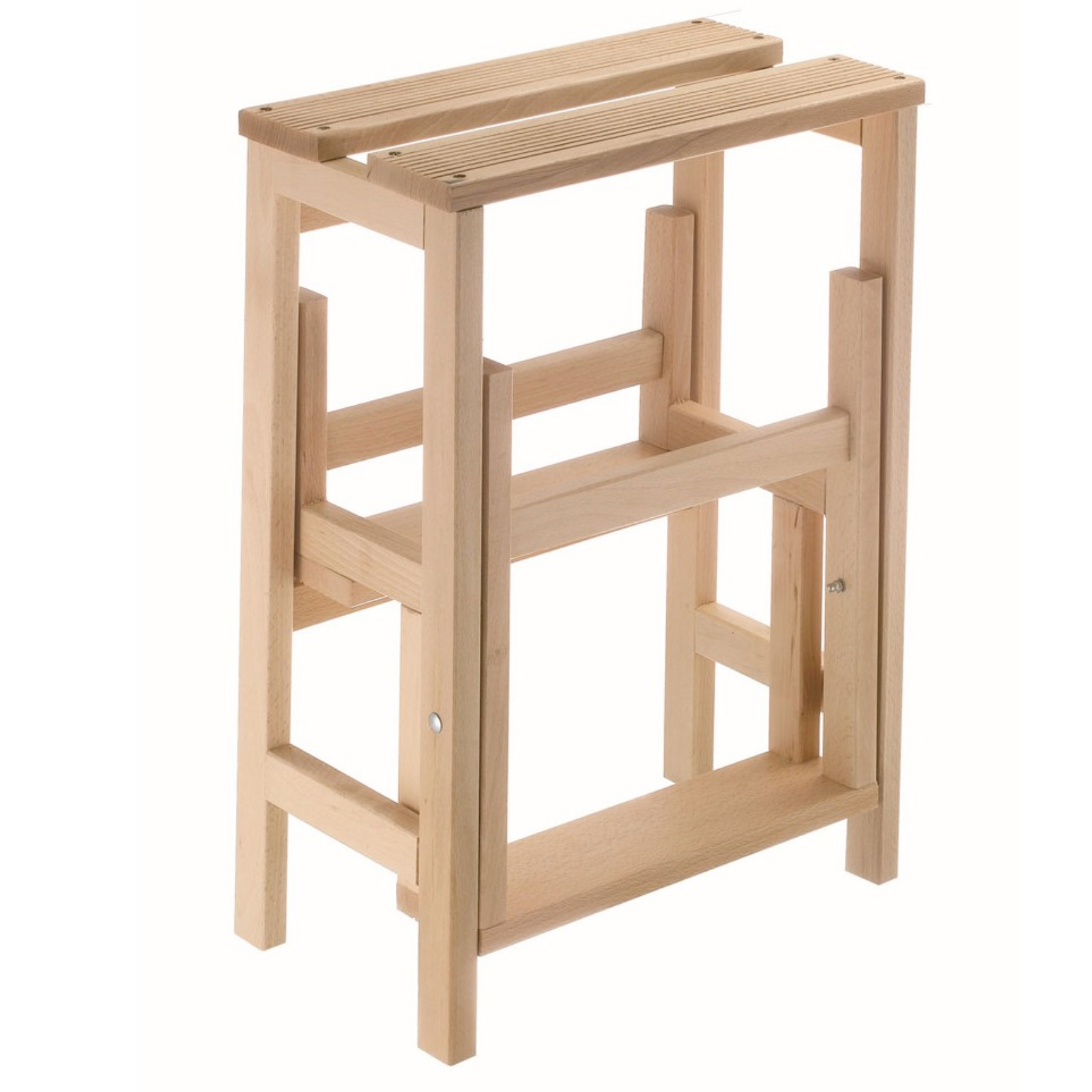 Sgabello a ribalta "Colombus" salvaspazio richiudibile in legno grezzo con 3 gradini