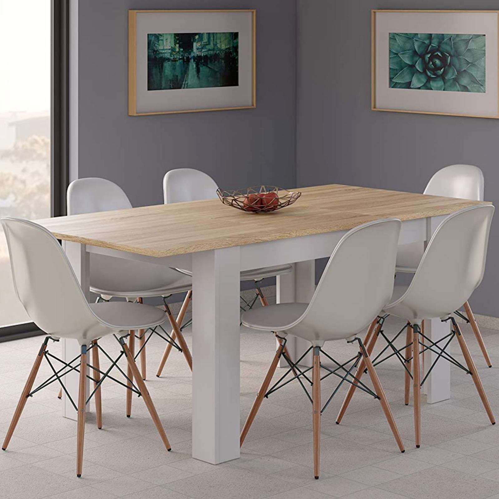 Tavolo da pranzo "Louis" allungabile in legno bianco e rovere rettangolare 140-190 x 90