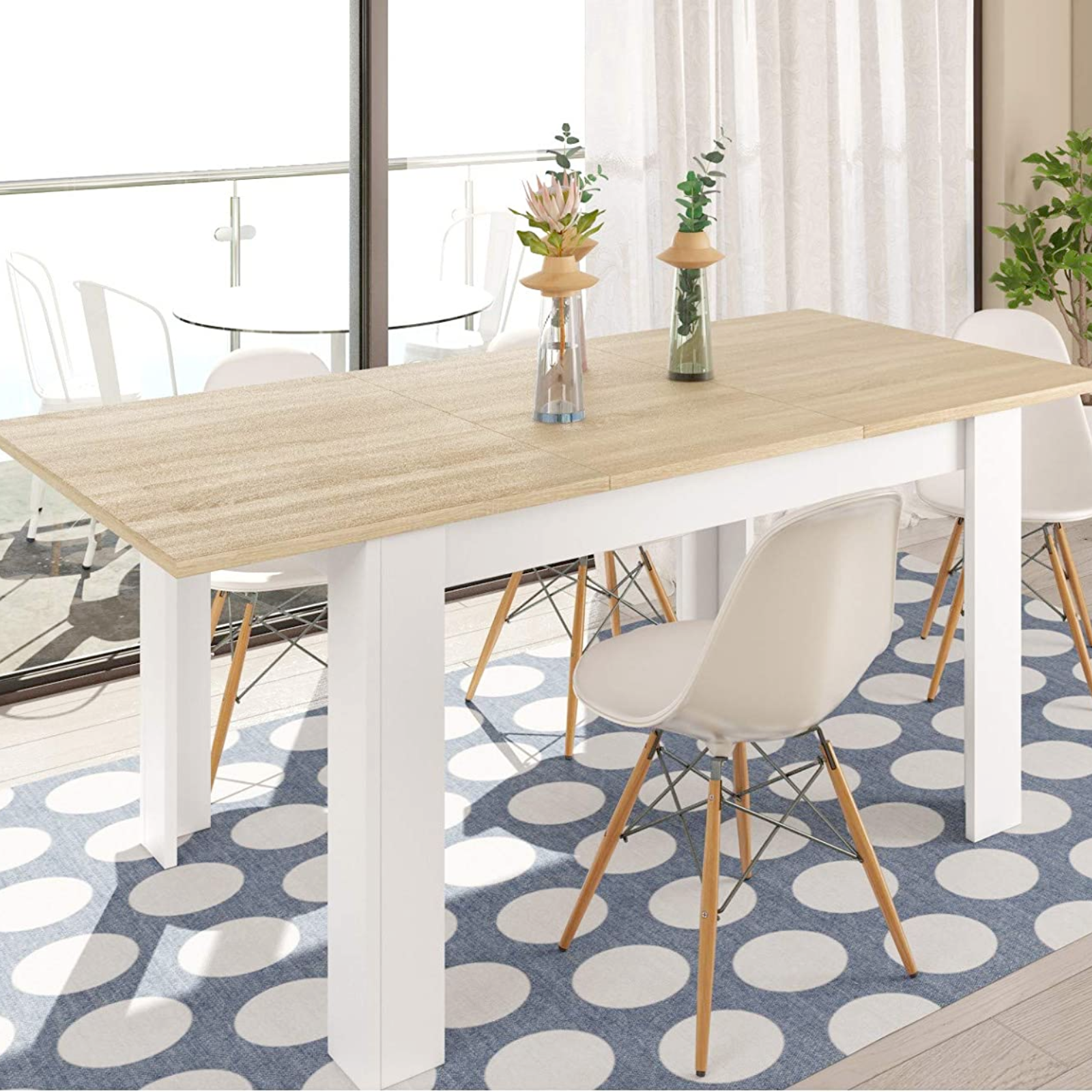 Tavolo da pranzo "Louis" allungabile in legno bianco e rovere rettangolare 140-190 x 90