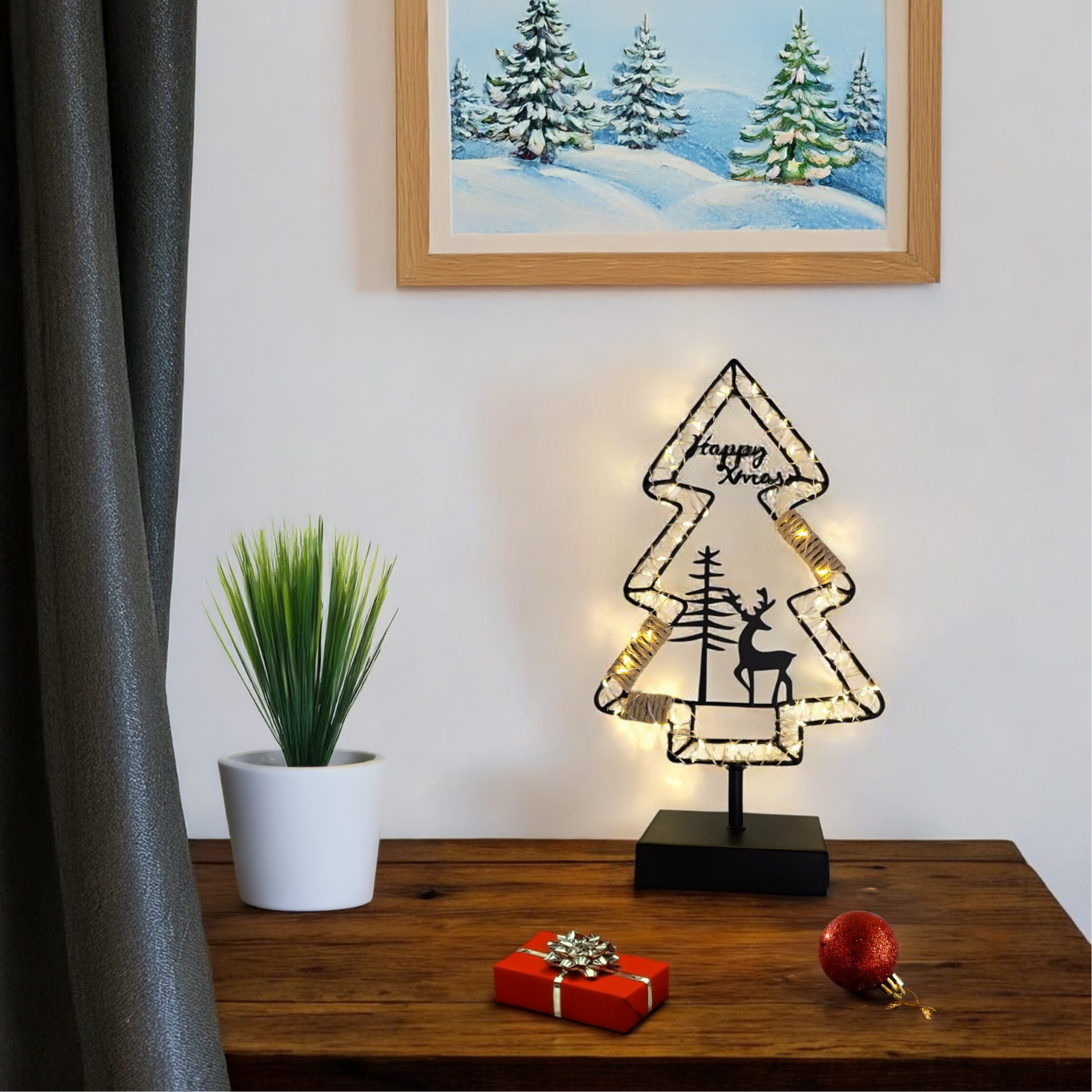 Albero di natale con base in metallo e led bianco caldo decorazione natalizia