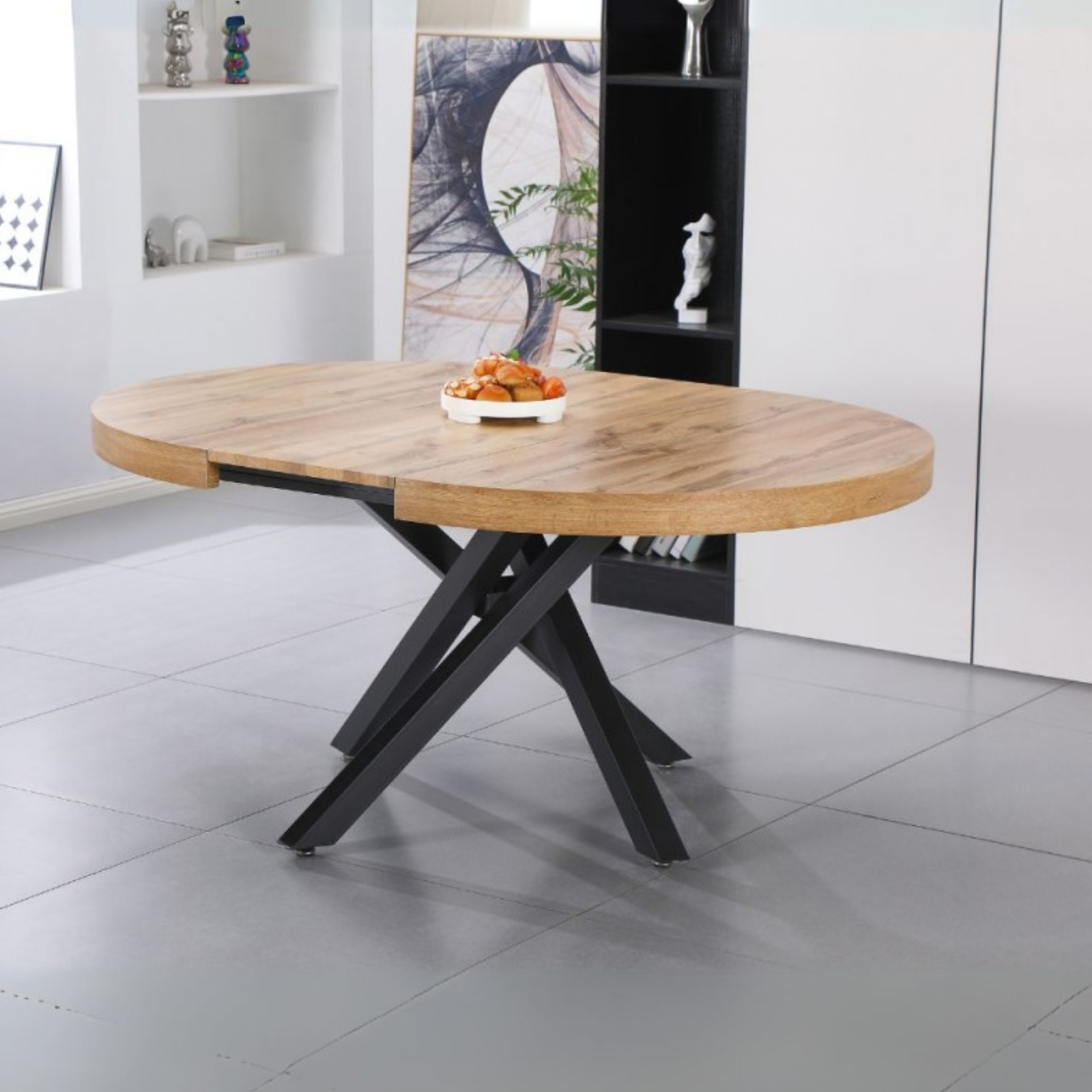 Tavolo da pranzo rotondo allungabile piano in mdf rovere e base in metallo - Ravem