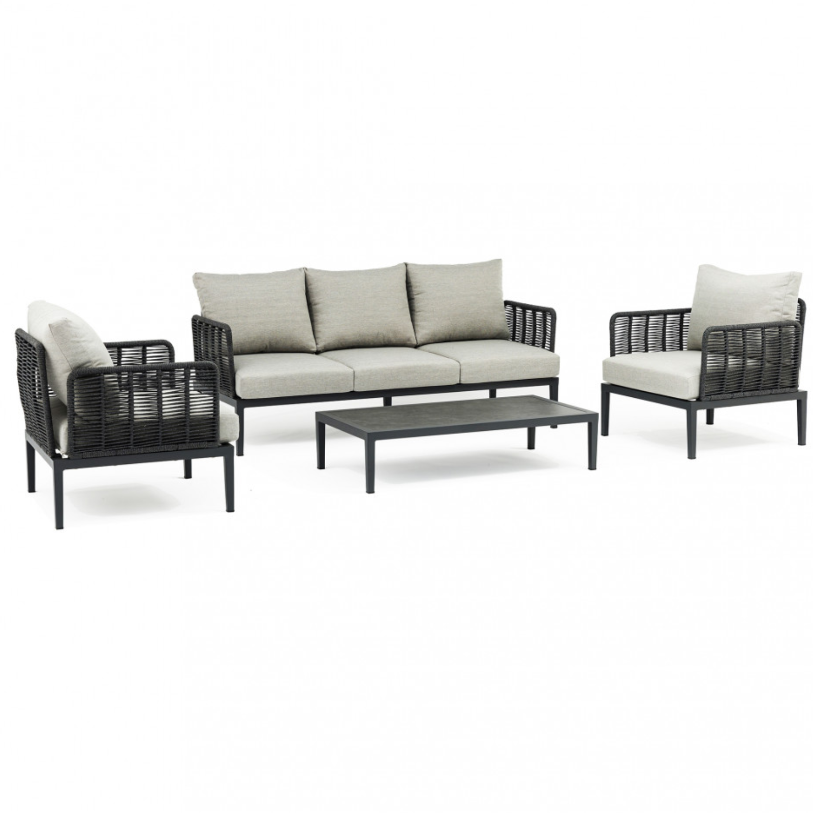 Salottino da esterno in alluminio verniciato rivestito in corda pvc con cuscini  5 Posti- Marigot