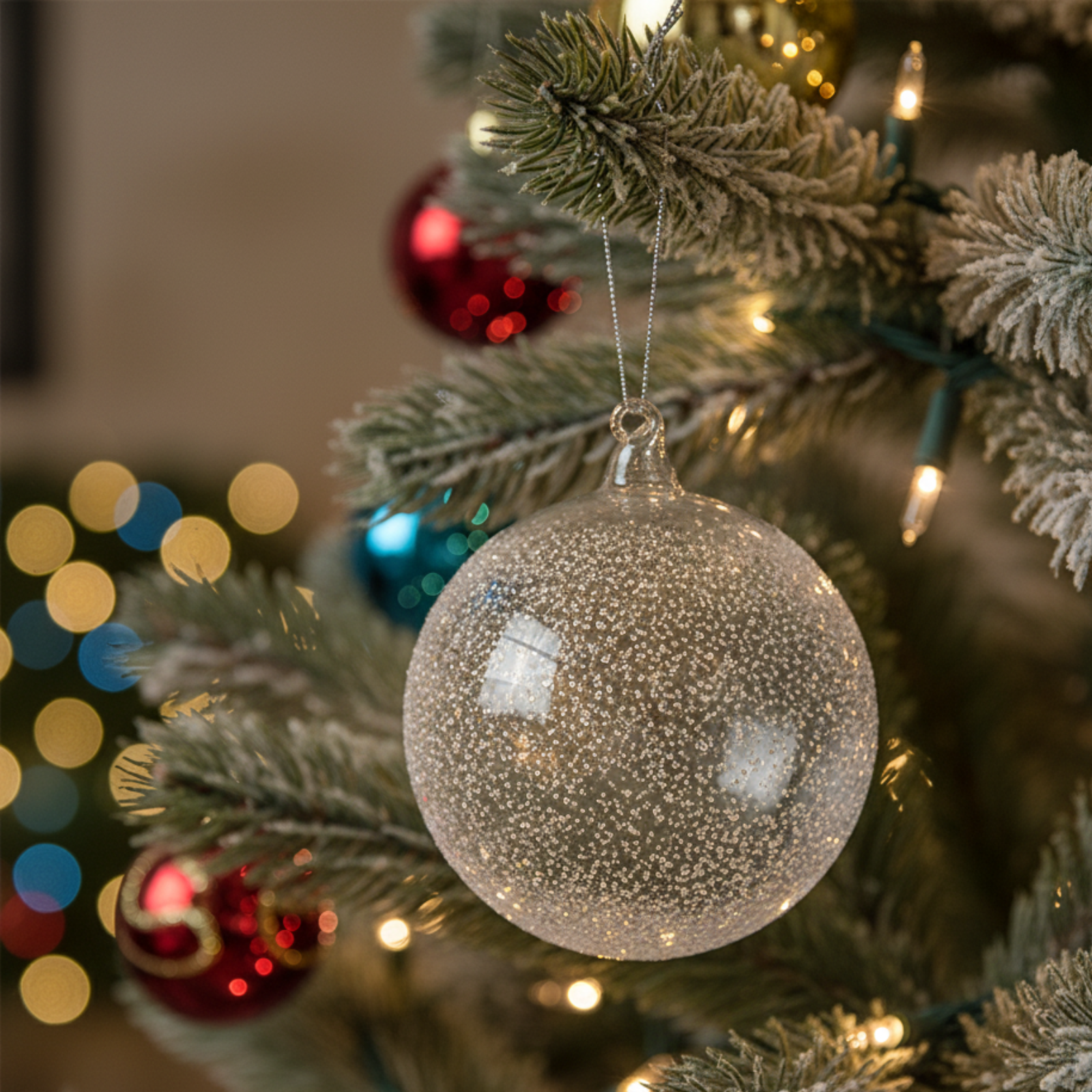 Pallina per albero di natale in vetro decorato trasparente - Saturni