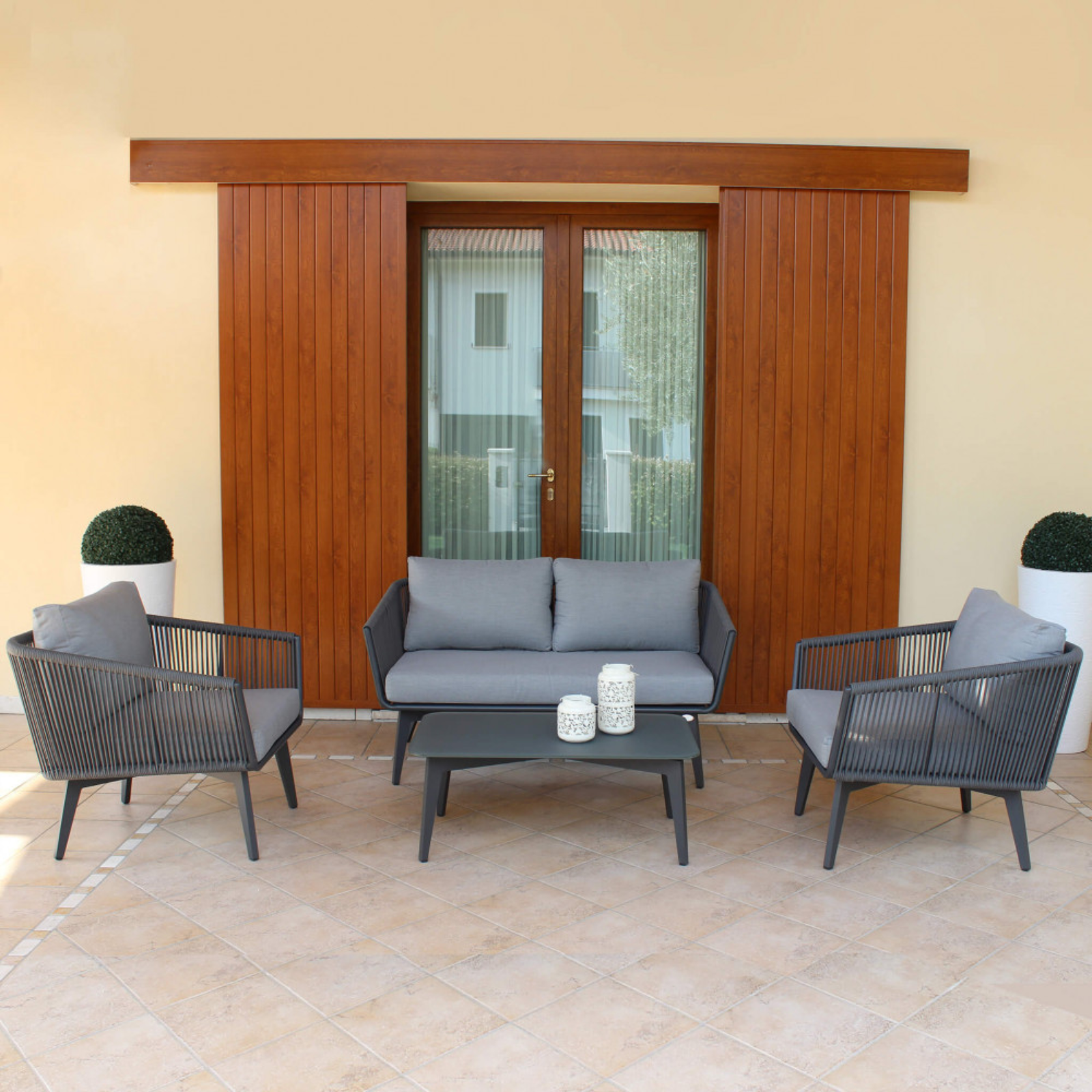 Salottino da esterno struttura in alluminio antracite rivestimento in corda 4 Posti - Cancun