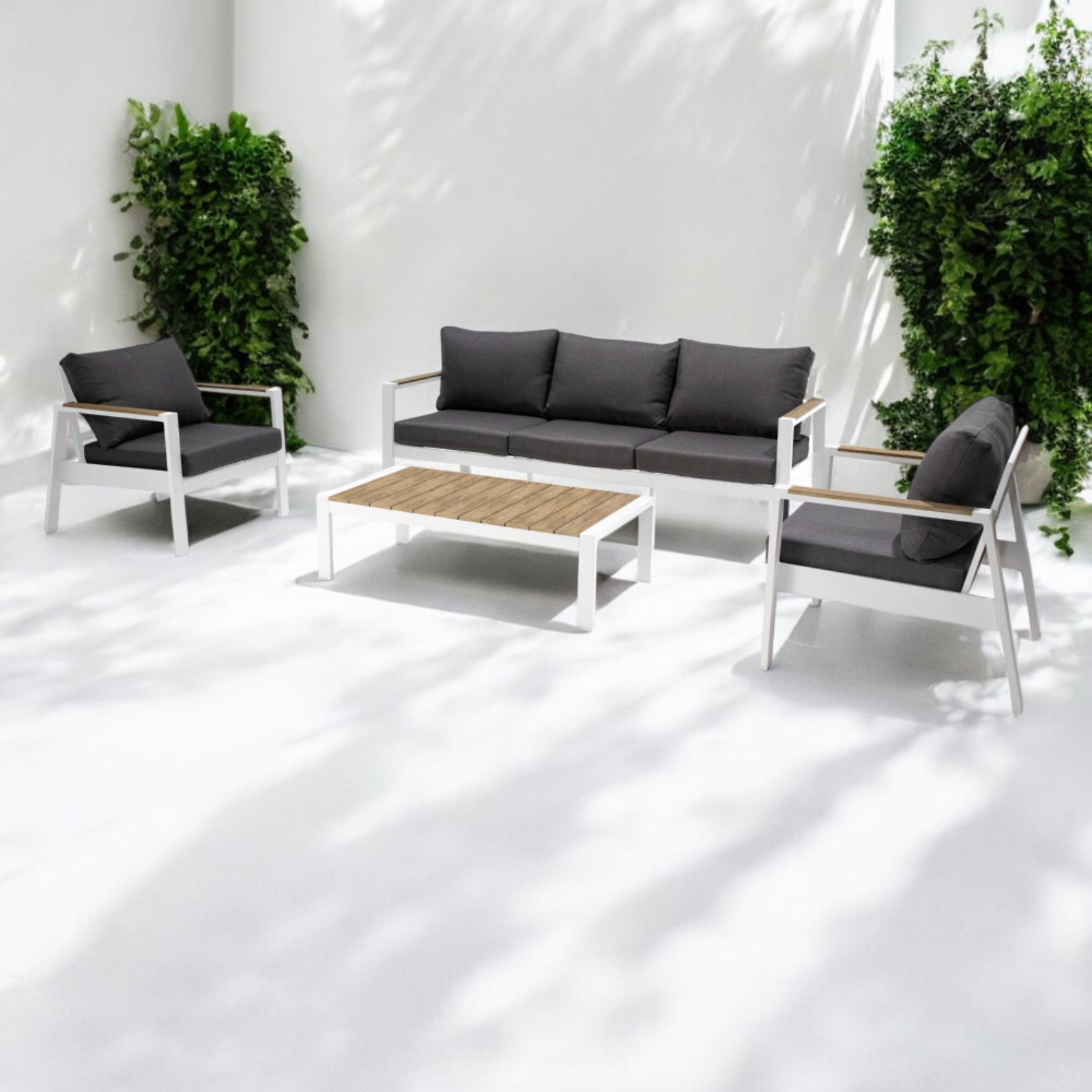 Salottino da esterno in alluminio con rivestimento corda pvc e cuscini 5 posti - Cordoba