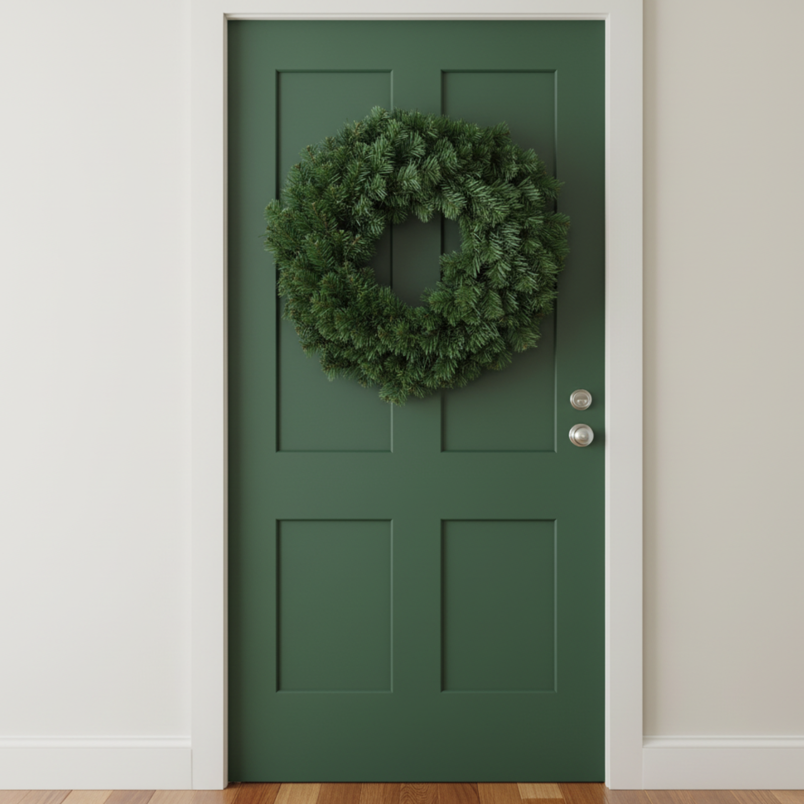 Ghirlanda tonda natalizia verde aghi di pino dietro porta 60 cm - Evergreen