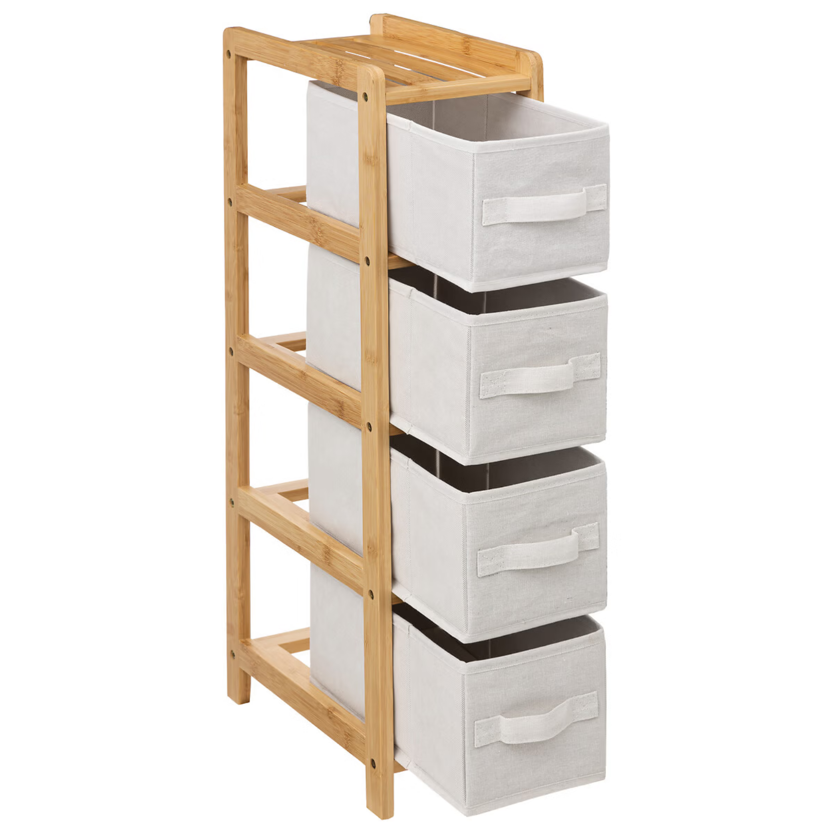 Scaffale in bamboo con 4 cestini porta oggetti da bagno o lavanderia