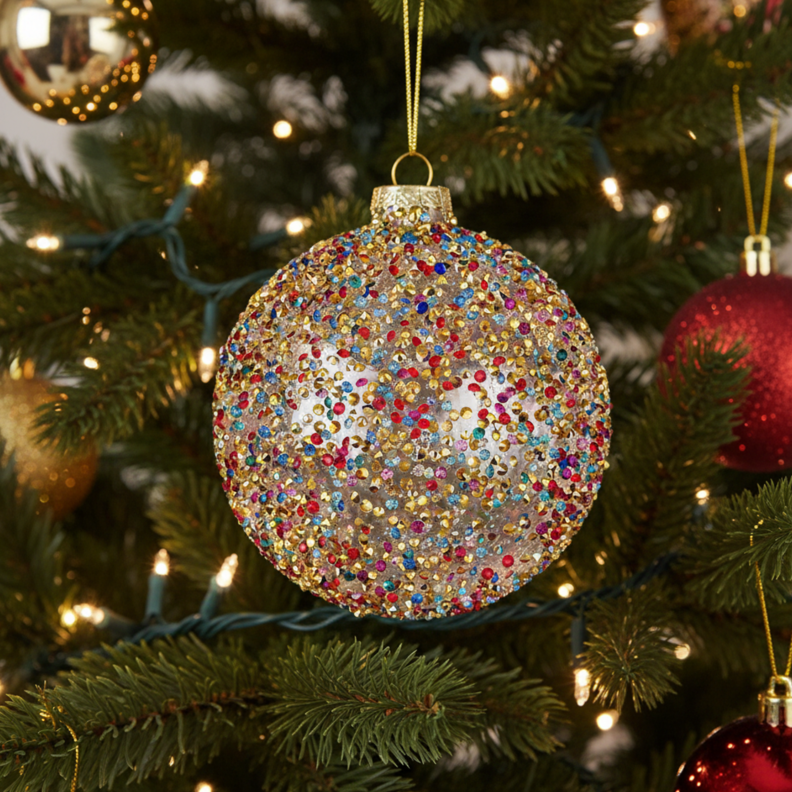 Pallina per albero di natale in vetro decorate con strass multicolor