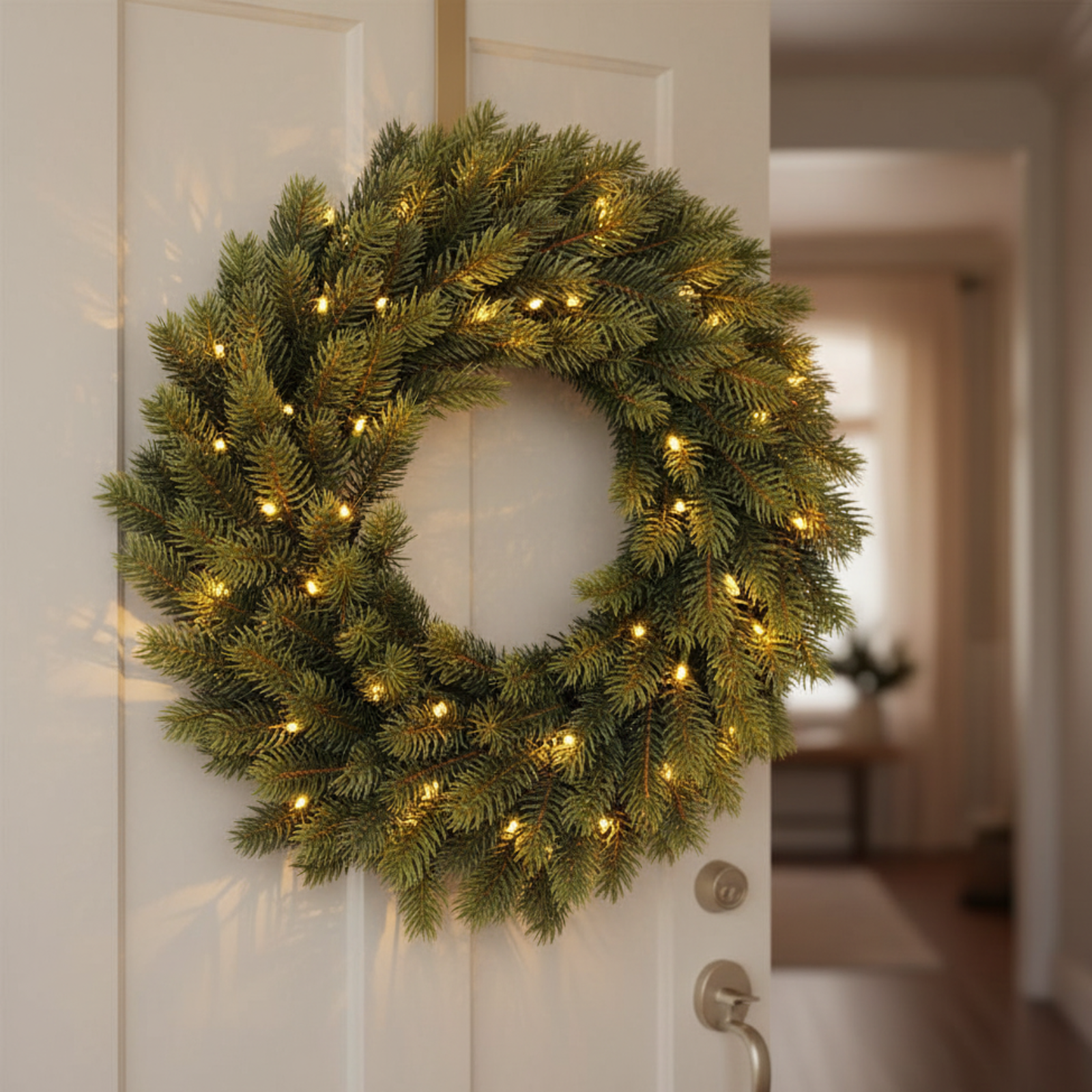 Corona natalizia dietro porta verde con 50 led bianco caldo - Lumin