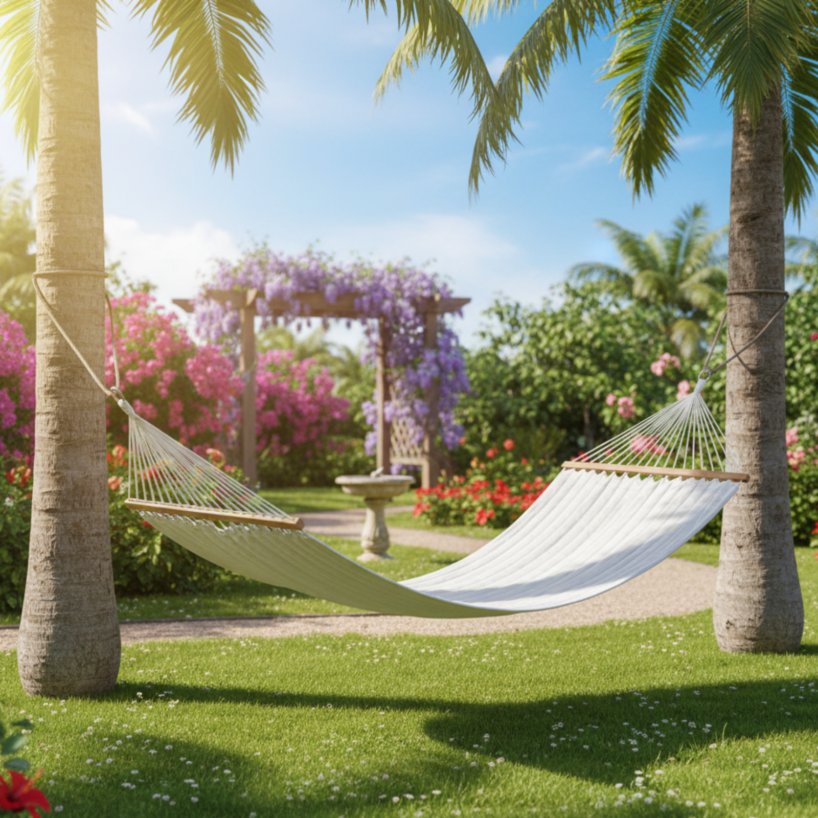 Amaca sospesa trapuntata in poliestere con traverse in legno - Luxory